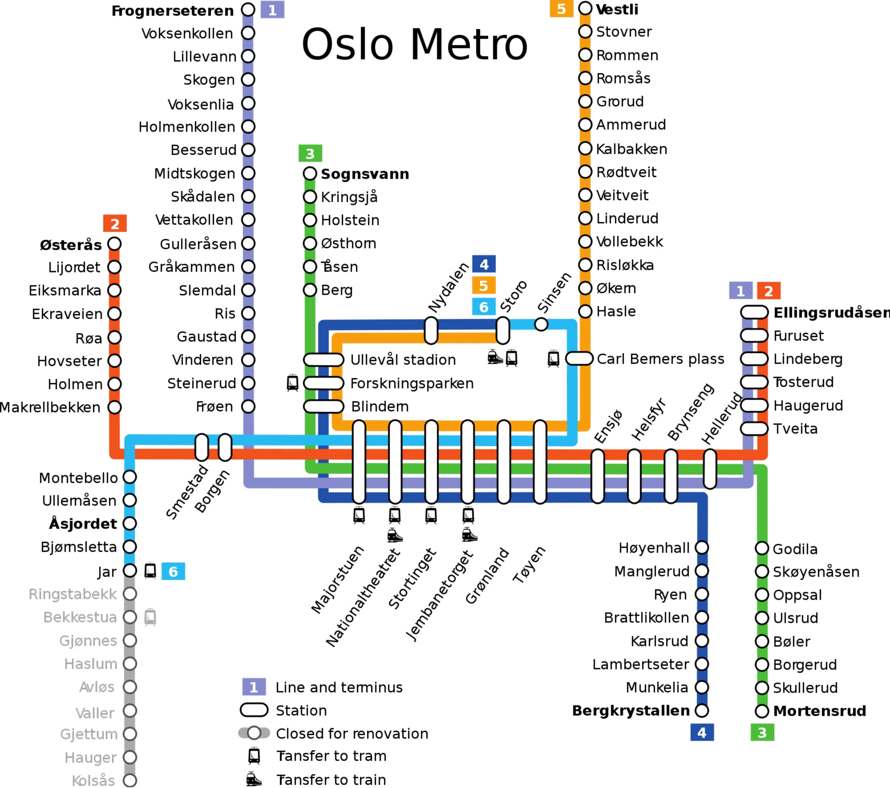 Die Oslo Metro Map zeigt das komplette Metronetz der Stadt mit Linien und Stationen. Der zoombare Netzplan stellt auch die Umsteigepunkte zwischen den Linien dar.