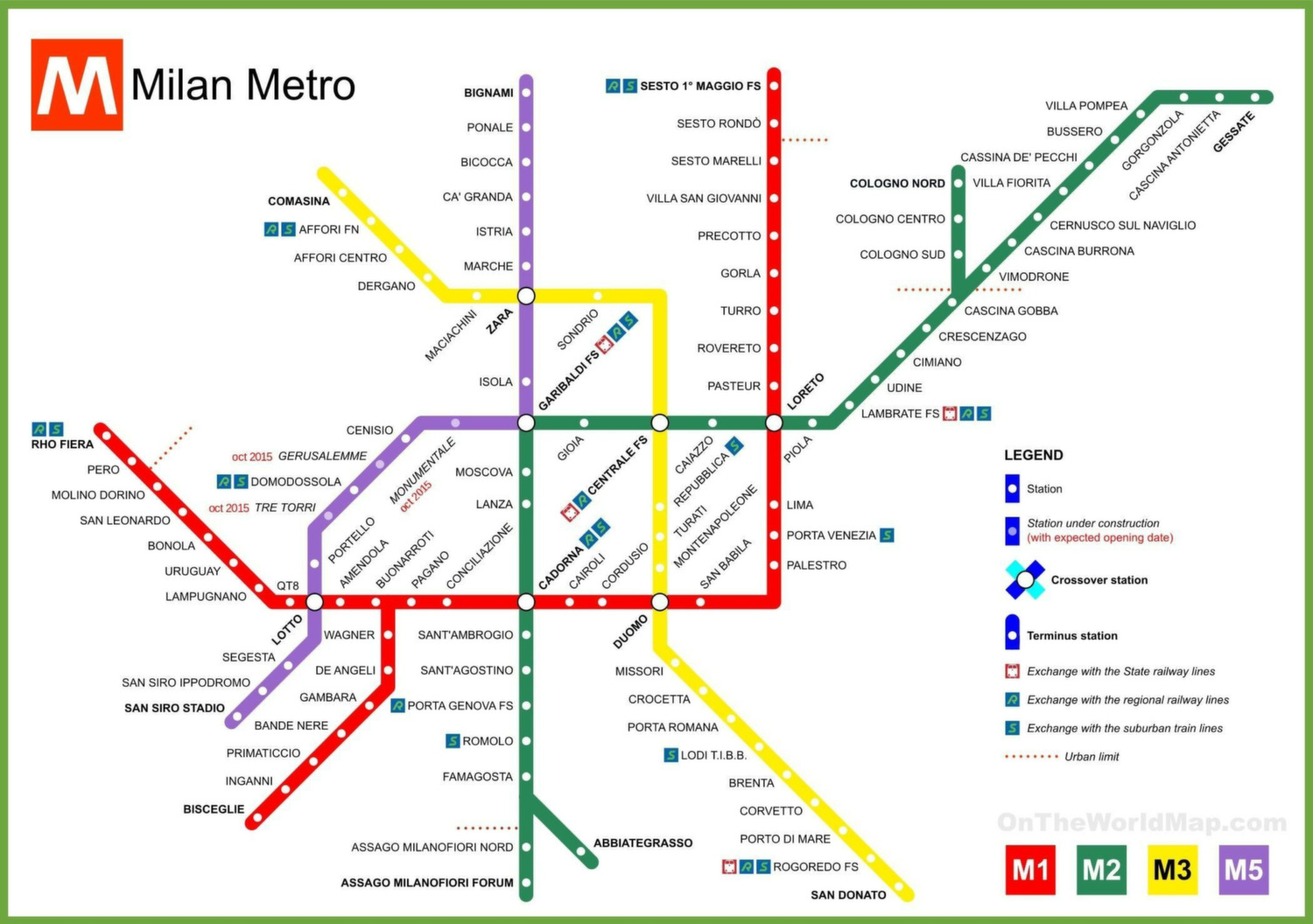 The Milan Metro Map shows the complete metro network, including lines, stations and interchange points. This first page of the zoomable map provides an overview of connections across Milan.