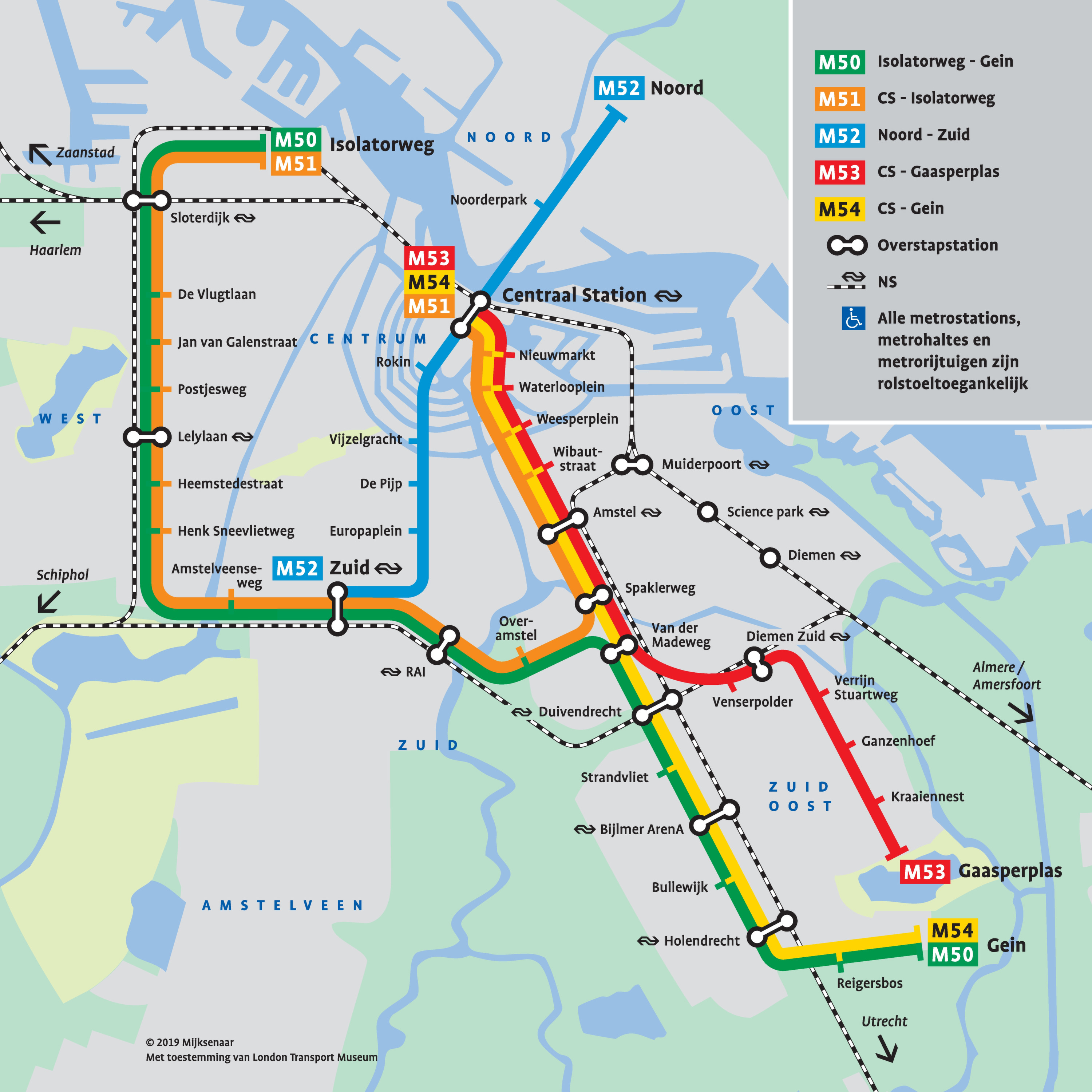 The Amsterdam Metro Map shows the complete metro network with its lines and stations. Interchange points indicate connections between lines on the zoomable network map.
