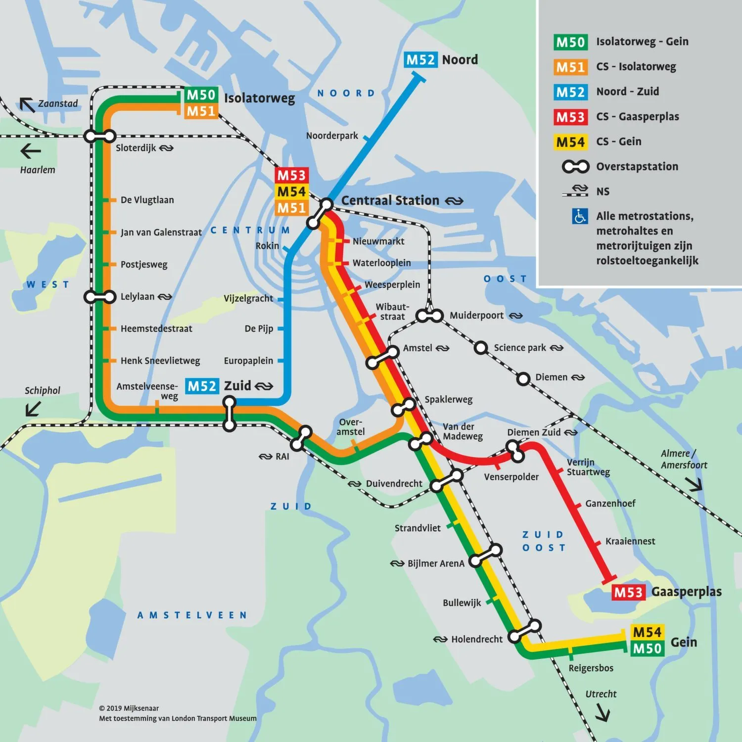 Der Metro-Plan für Amsterdam zeigt das komplette Metronetz mit Linien und Stationen. Umsteigepunkte machen die Verbindungen zwischen den Linien im zoombaren Netzplan nachvollziehbar.