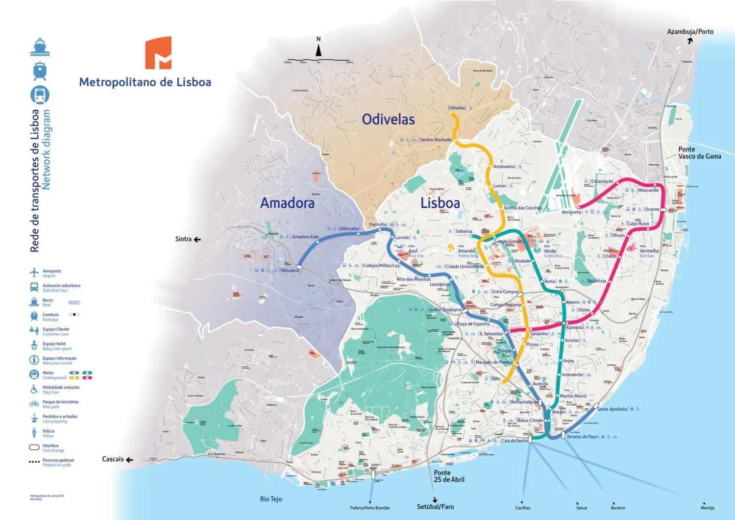 Der Metro-Plan für Lissabon zeigt das komplette Netz mit Linien, Stationen und Umsteigepunkten. Das Bild ist die erste Seite des zoombaren Netzplans und bietet einen Überblick über die Metro der Stadt.