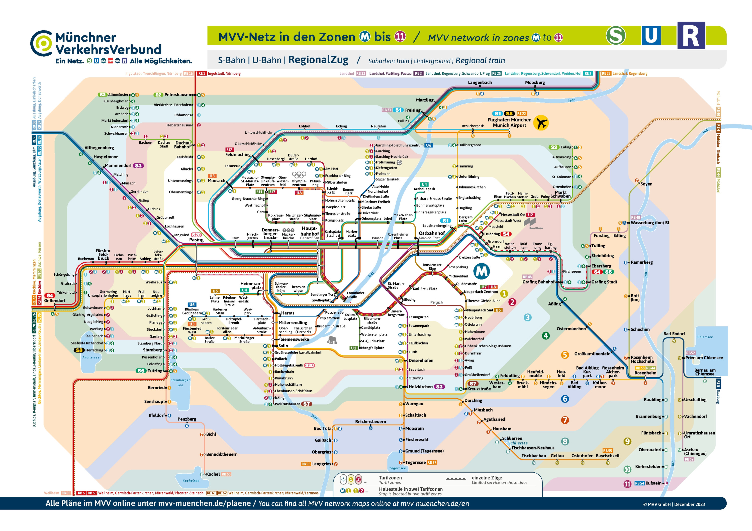 First page of the complete Munich subway map. Metro lines, stations and transfer points are displayed in an overview of the network in Munich.
