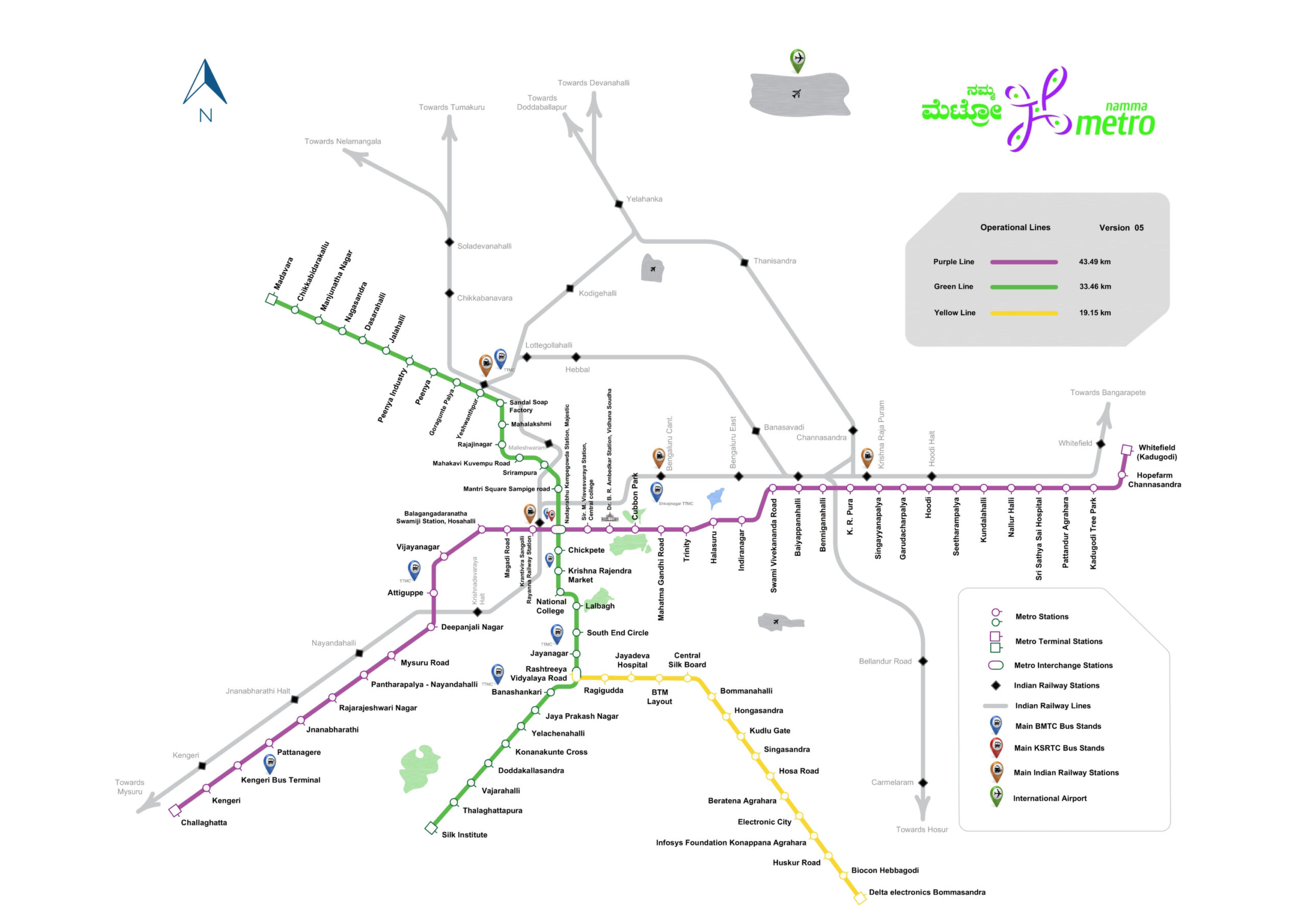 Vollständiger Netzplan der Bangalore Metro 2026, auch Namma Metro genannt. Die Karte zeigt die Linien, Stationen und Umsteigepunkte des Metronetzes im Überblick.