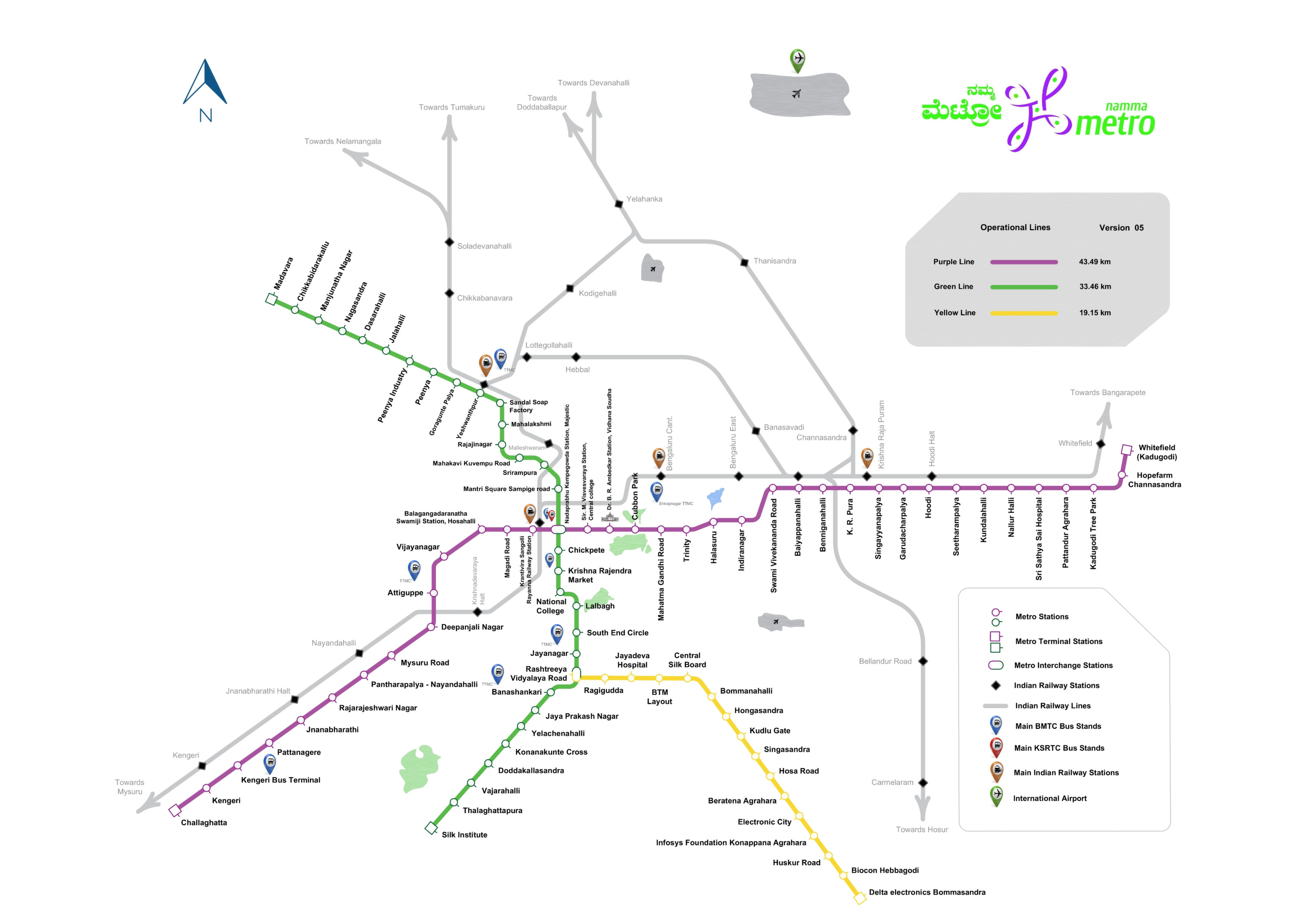 Complete Bangalore metro map 2026 for the Namma Metro network. The map shows metro lines, stations and interchange points, with an overview of the routes.