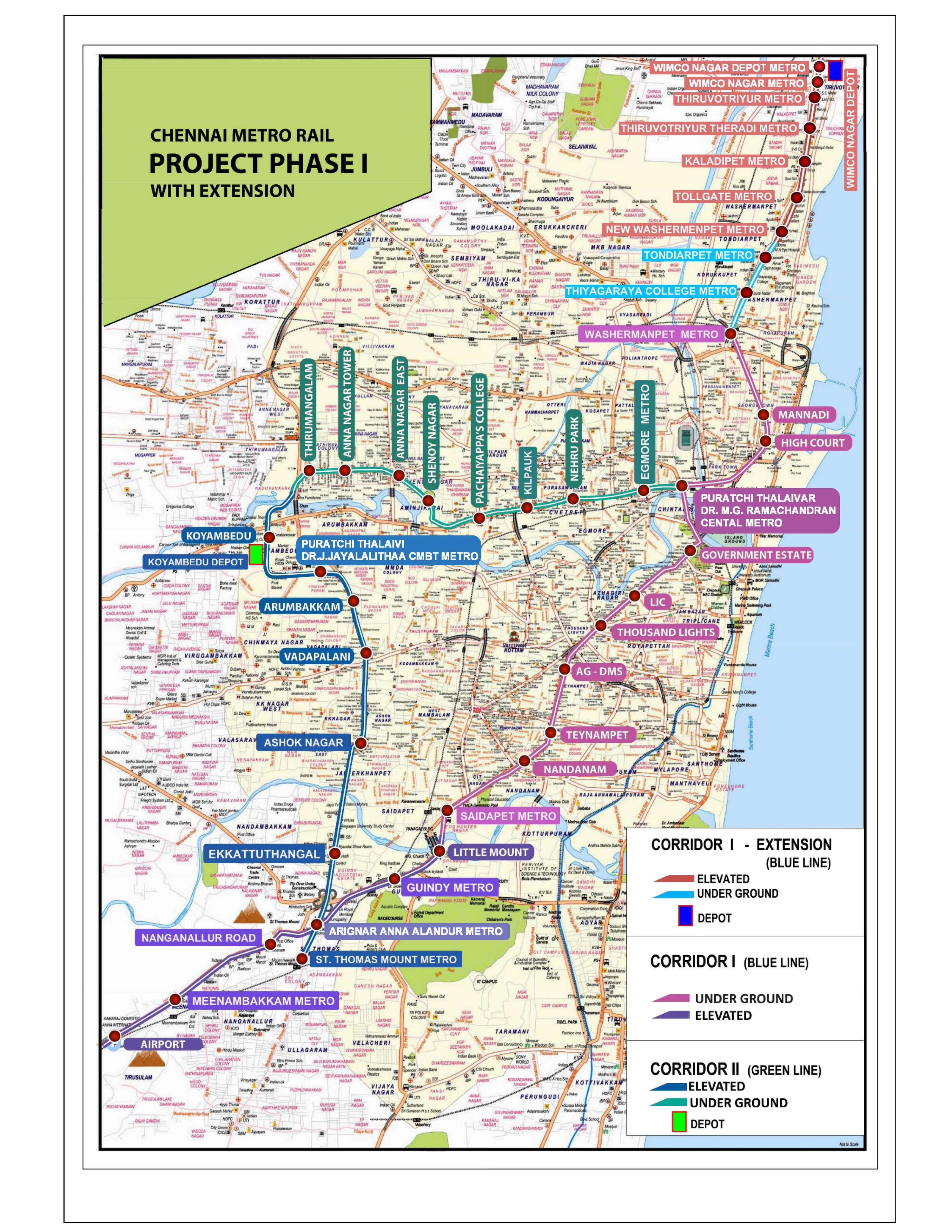 Complete Chennai metro map 2026 showing the network of lines and stations. Routes and interchange points are displayed together for an overview of the metro system.