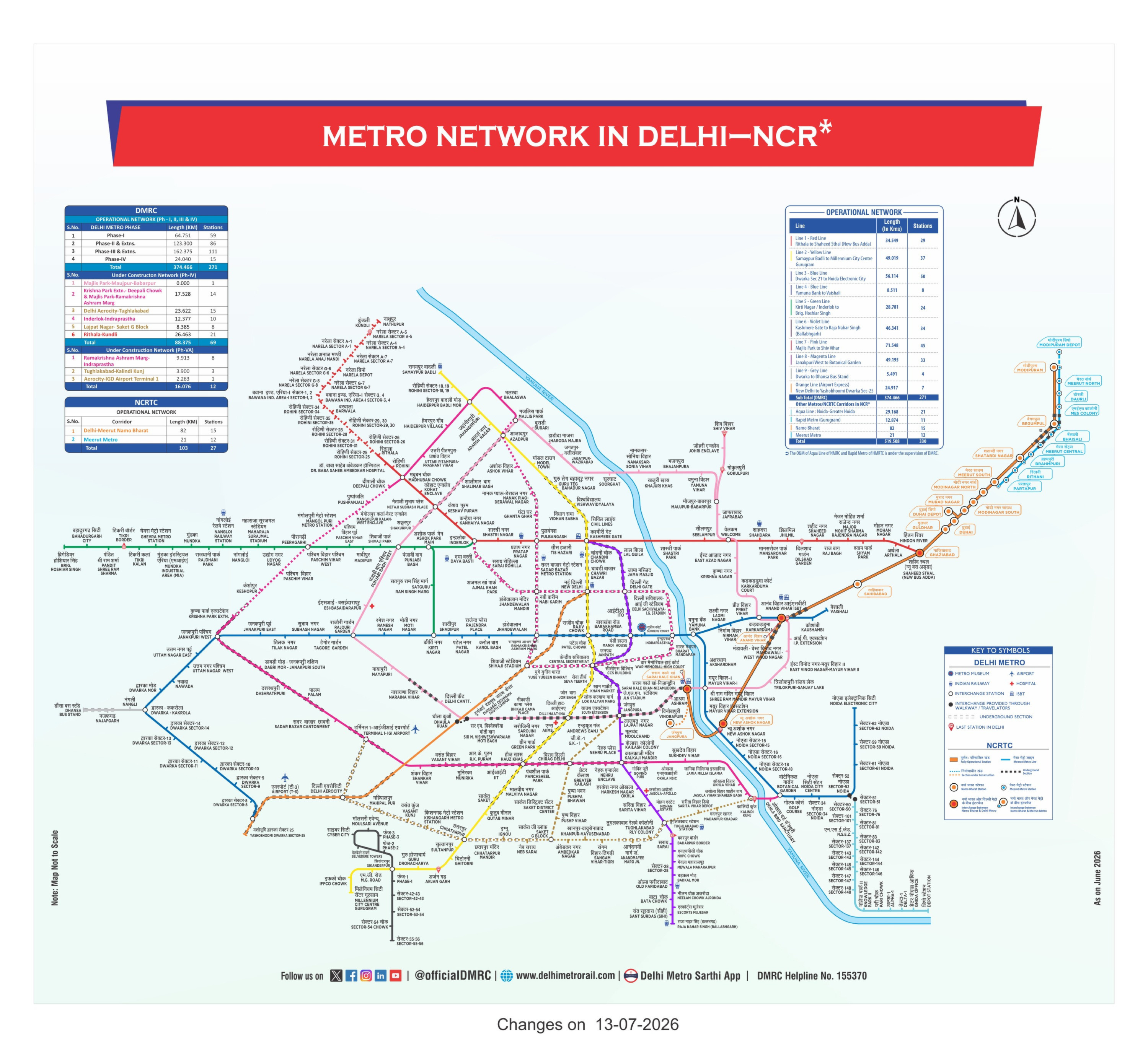 Complete Delhi metro map 2026 showing routes, stations and interchange points. The map presents the metro network in a single overview.