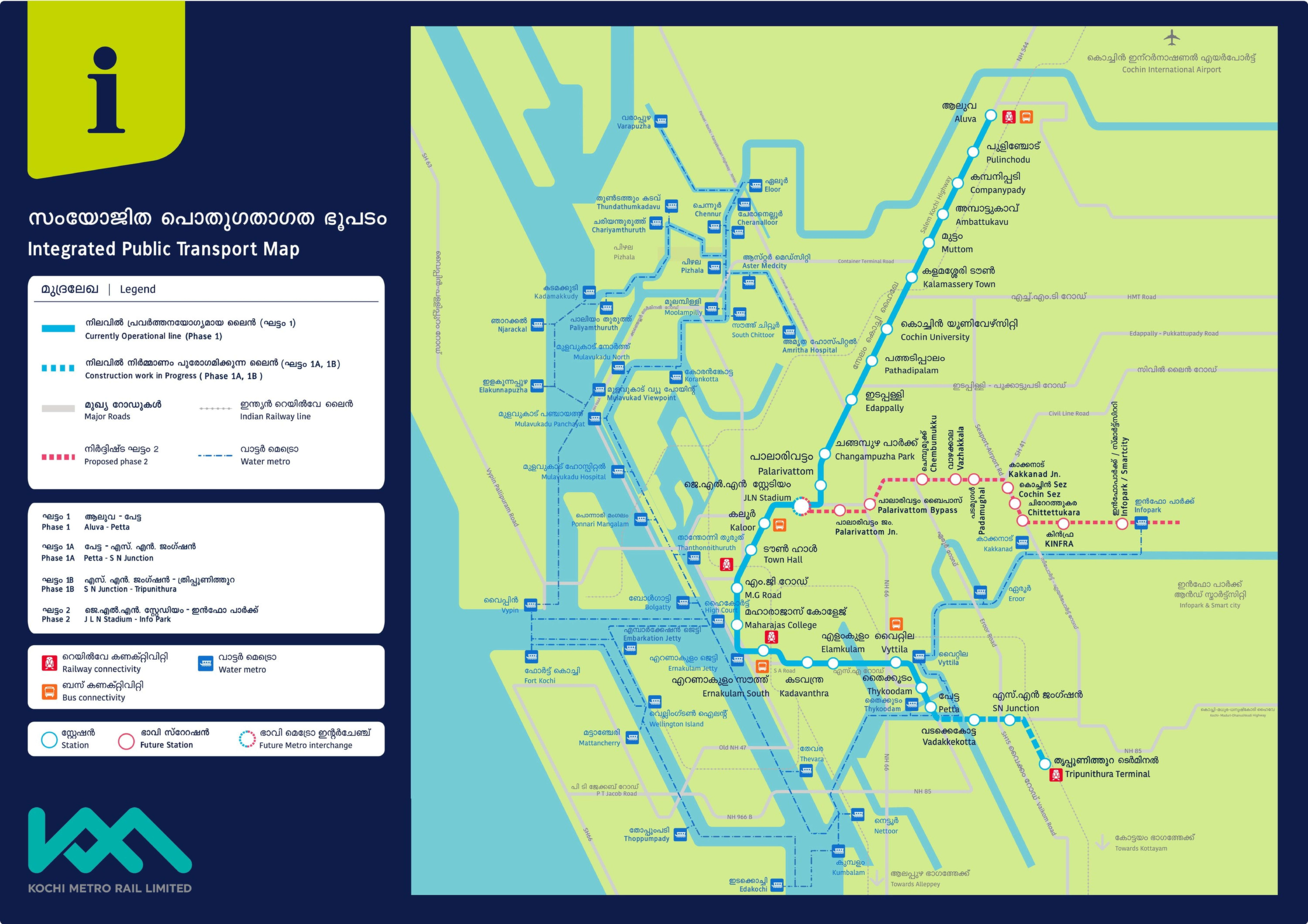 Complete Kochi metro map 2026 showing the route layout and stations. The map provides an overview of the metro network in Kochi.