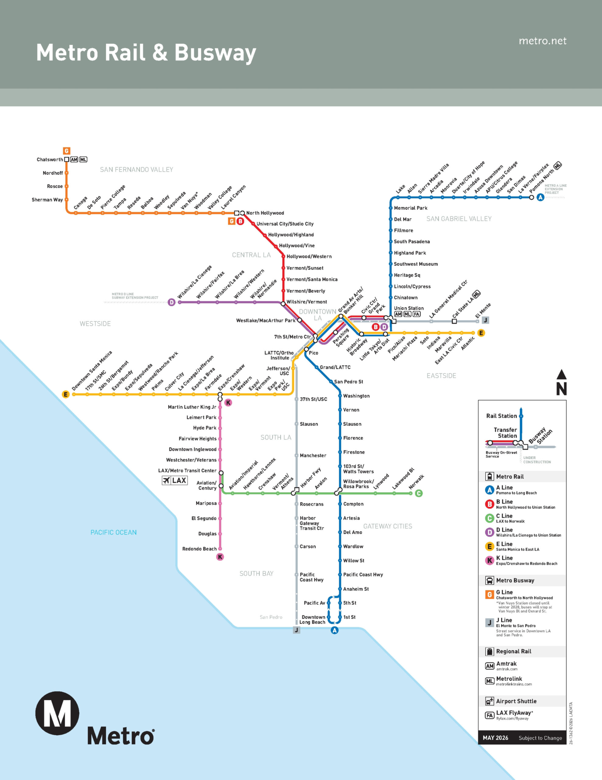 Kompletter Netzplan der Metro Los Angeles 2026 mit allen Linien und Stationen. Die Karte zeigt die Linienverläufe und Umsteigepunkte im Metro-Rail-Netz.