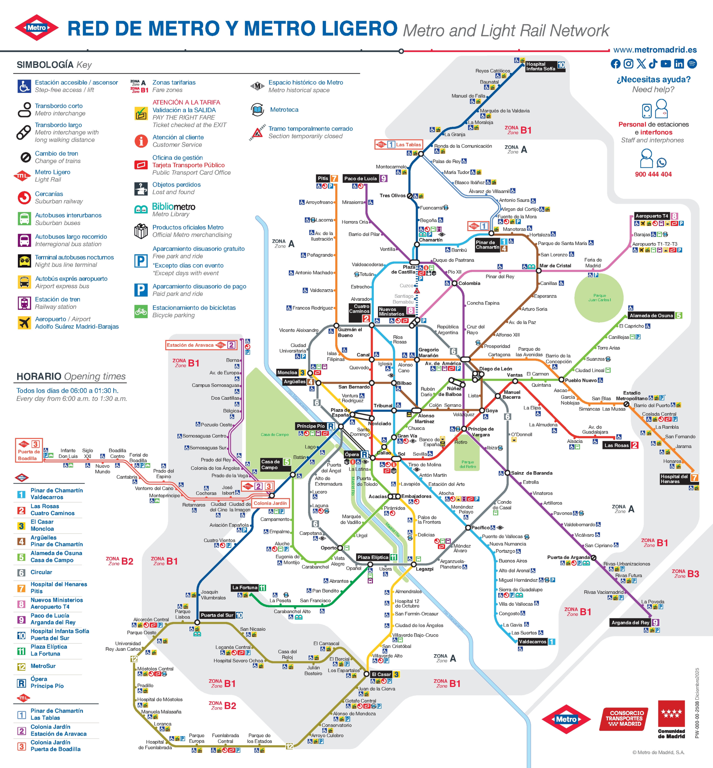 Madrid metro map 2026 showing the complete metro network. The map includes all lines and stations, with interchange points for changing between lines.