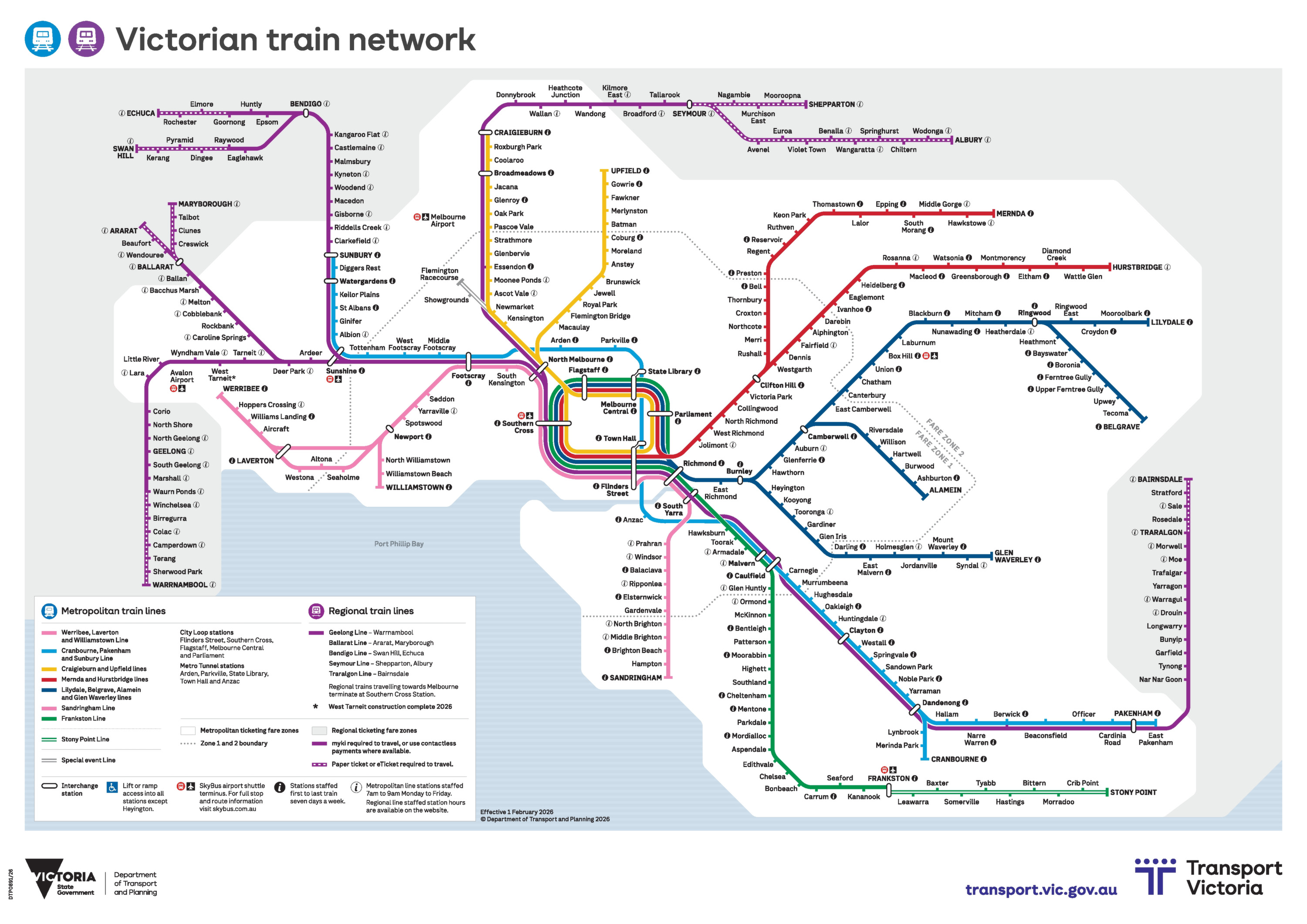 Melbourne Train Map 2026 showing the complete train network with all lines and stations. Transfer points indicate where passengers can change trains along their route.