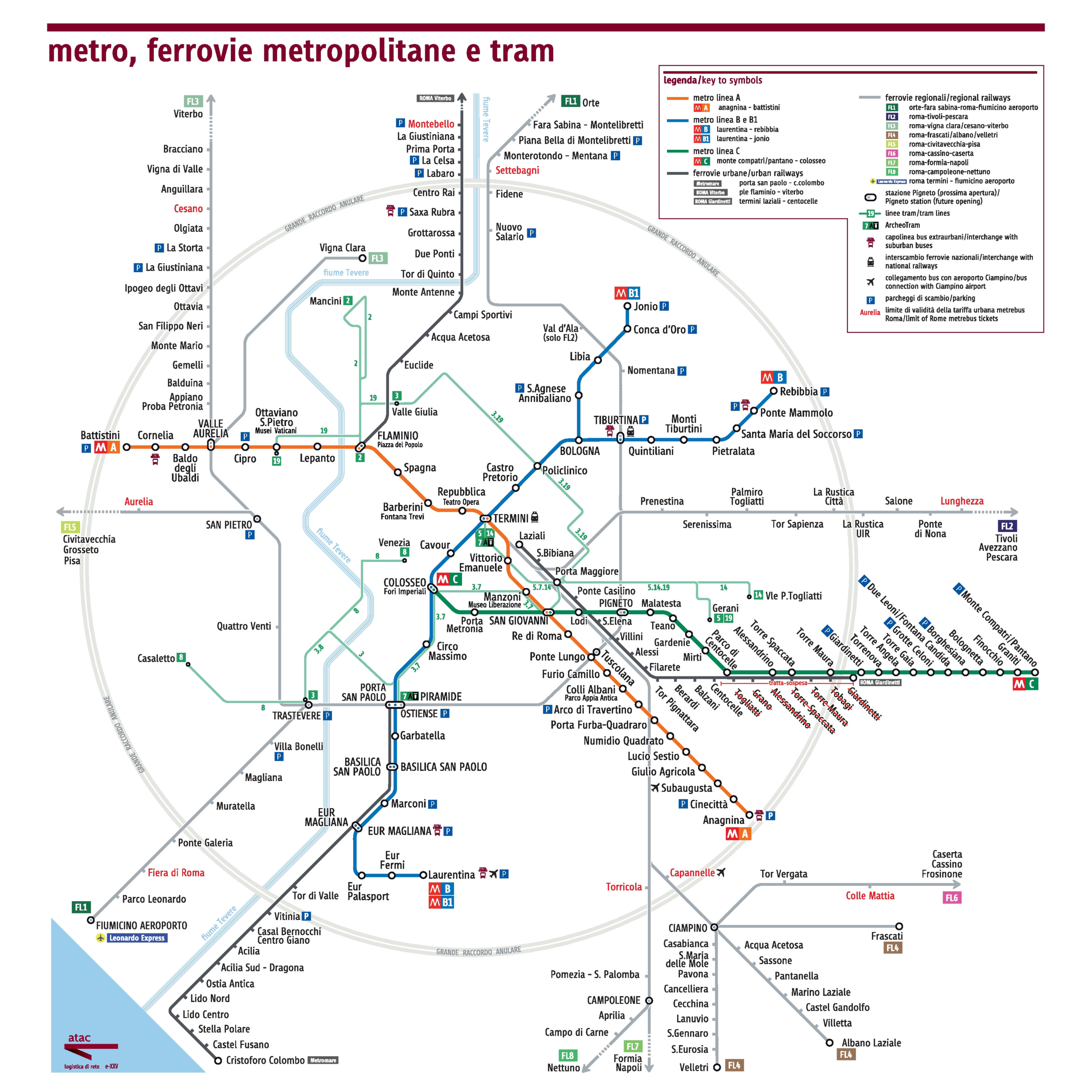 Rome metro map 2026 showing the complete metro network with all lines and stations. The map also identifies interchange points between metro lines.
