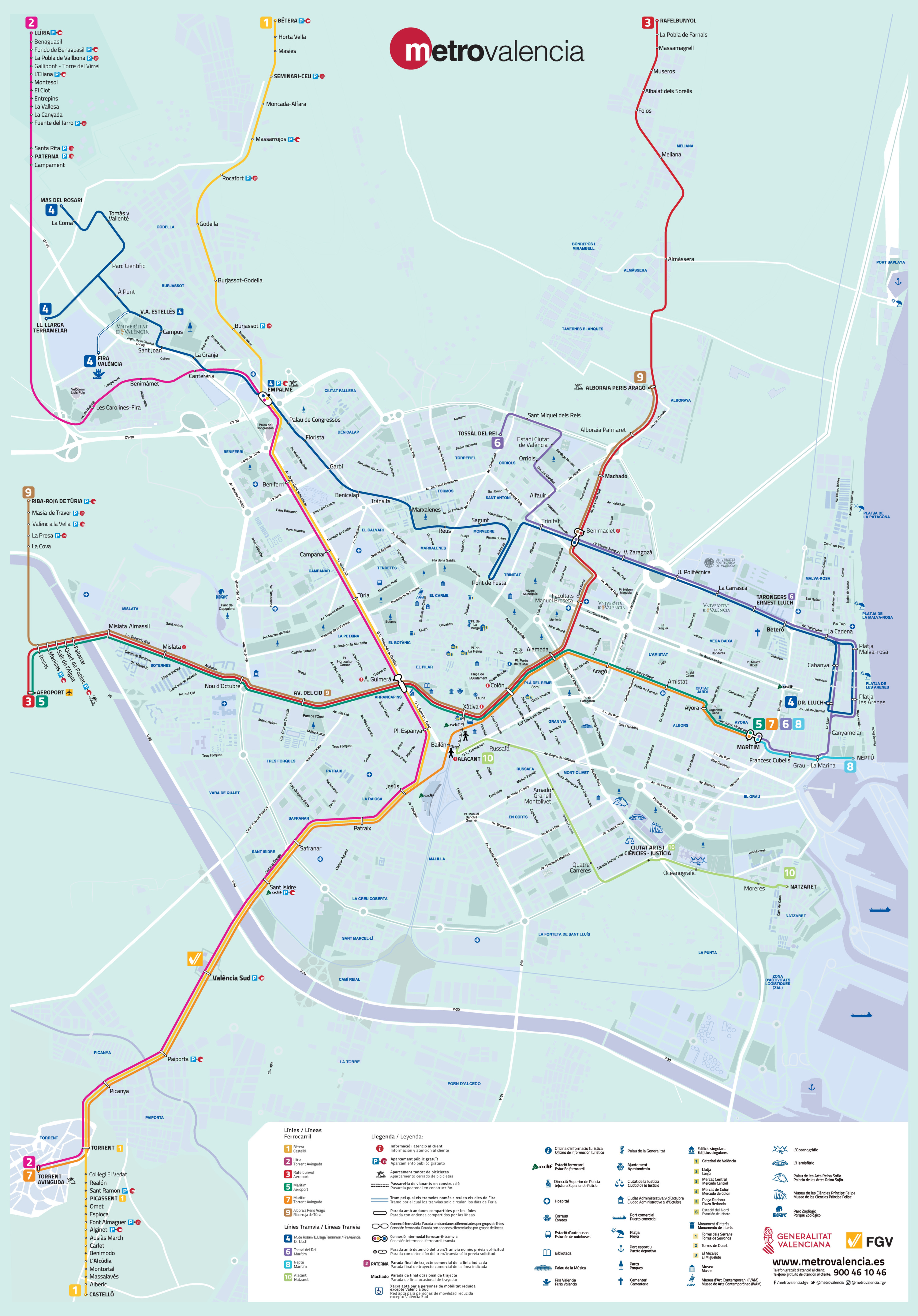 Metro Valencia Plan 2026 mit dem vollständigen Metro-Netz der Stadt. Die Karte zeigt alle Linien und Stationen sowie die Umsteigepunkte innerhalb des Netzes.