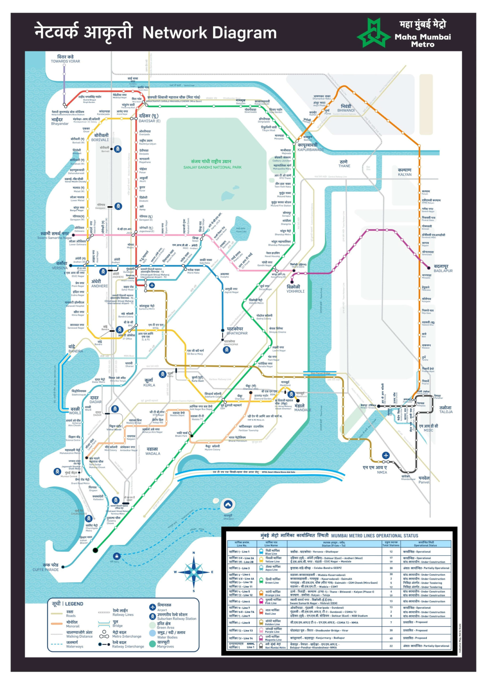 Vollständiger Mumbai Metro-Plan 2026 mit den Linien und Stationen des Metronetzes. Die Karte zeigt die Streckenverläufe und Umsteigepunkte im Überblick.