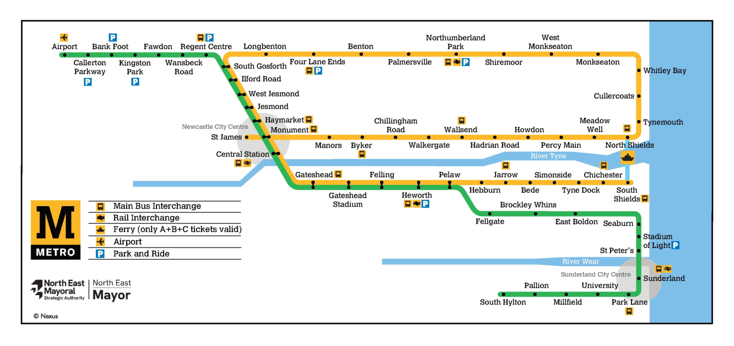 Kompletter Newcastle Metro-Plan 2026 für die Tyne and Wear Metro. Die Karte zeigt alle Linien und Stationen sowie die Umsteigepunkte innerhalb des Netzes.