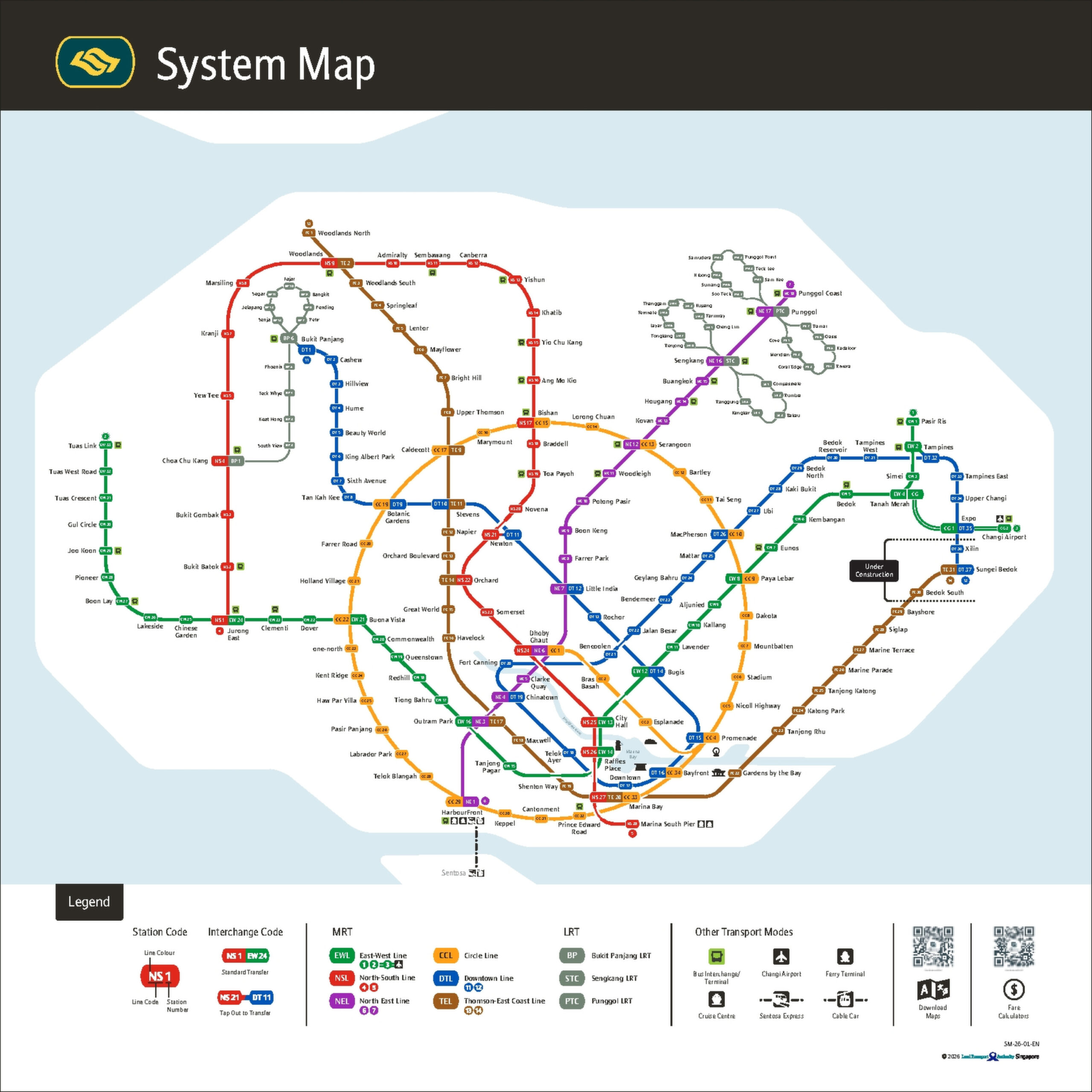 Kompletter Singapur MRT-Plan 2026 mit allen MRT-Linien und Stationen. Die Karte zeigt die Linienverläufe und die Umsteigepunkte zwischen den MRT-Linien.