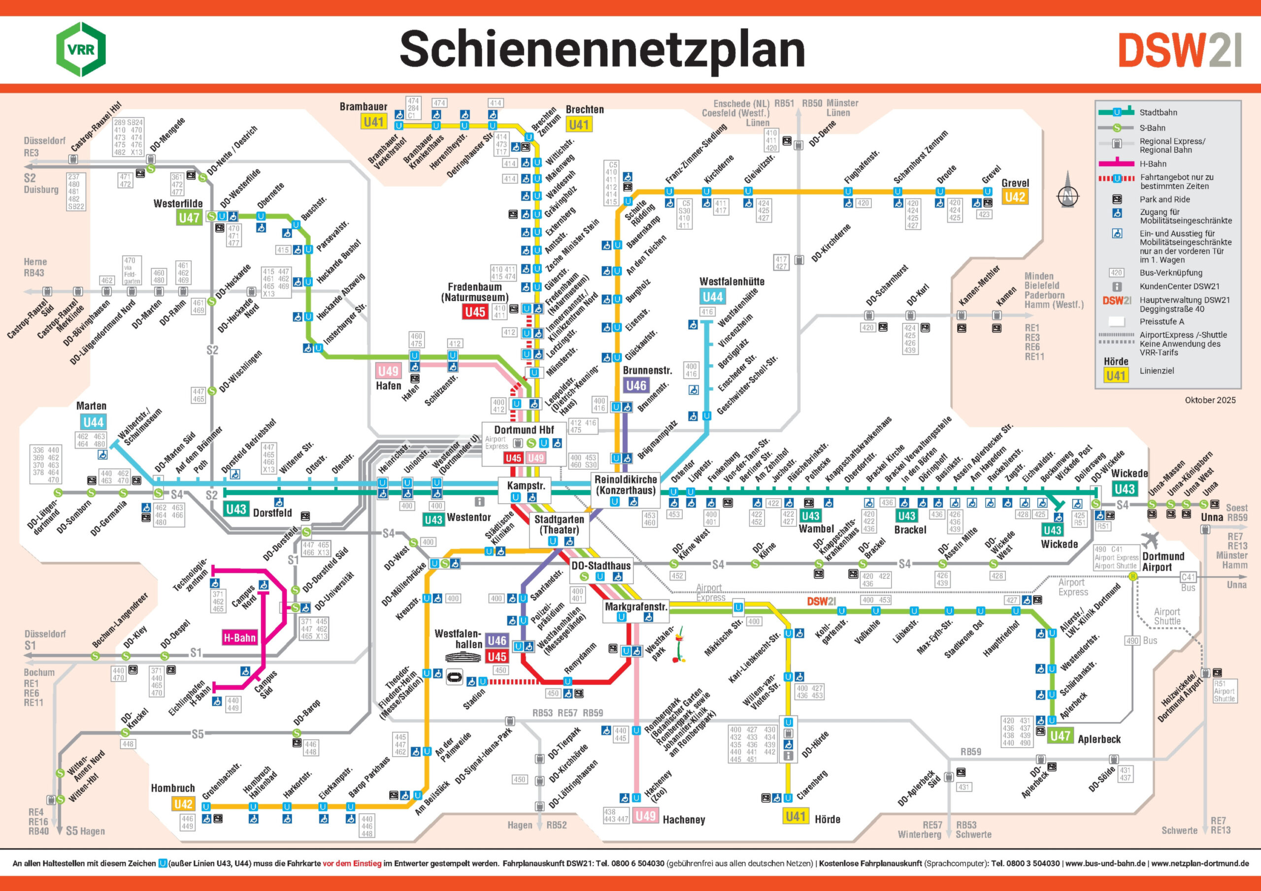 Dortmund metro map 2026 showing the complete Stadtbahn network. The map includes all lines and stations, with interchange points for changing between lines.
