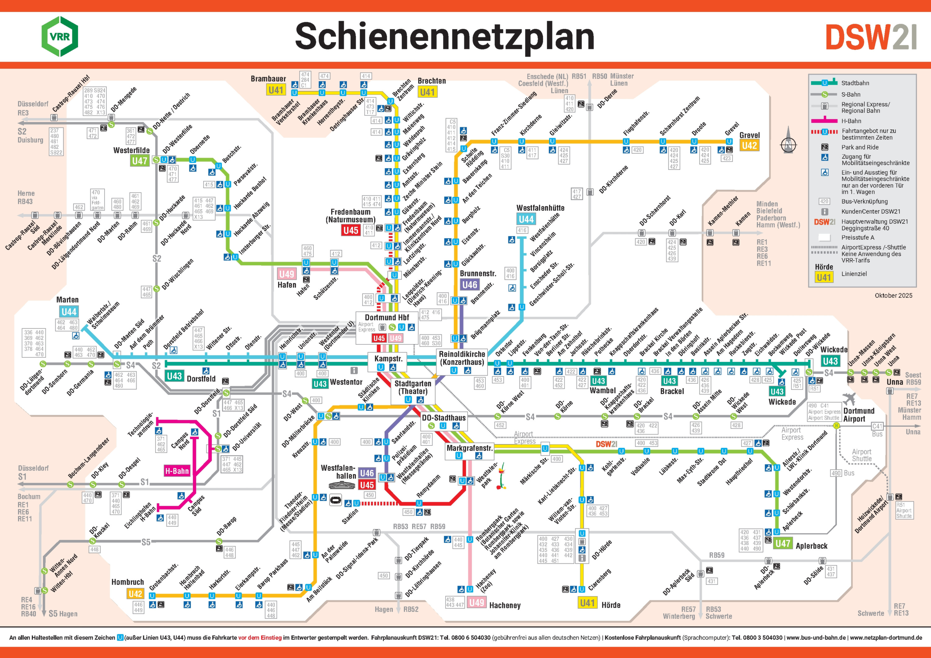 U-Bahn-Plan Dortmund 2026 mit dem vollständigen Stadtbahn-Netz. Alle Linien und Stationen sowie die Umsteigepunkte sind im Netzplan der Stadtbahn Dortmund dargestellt.