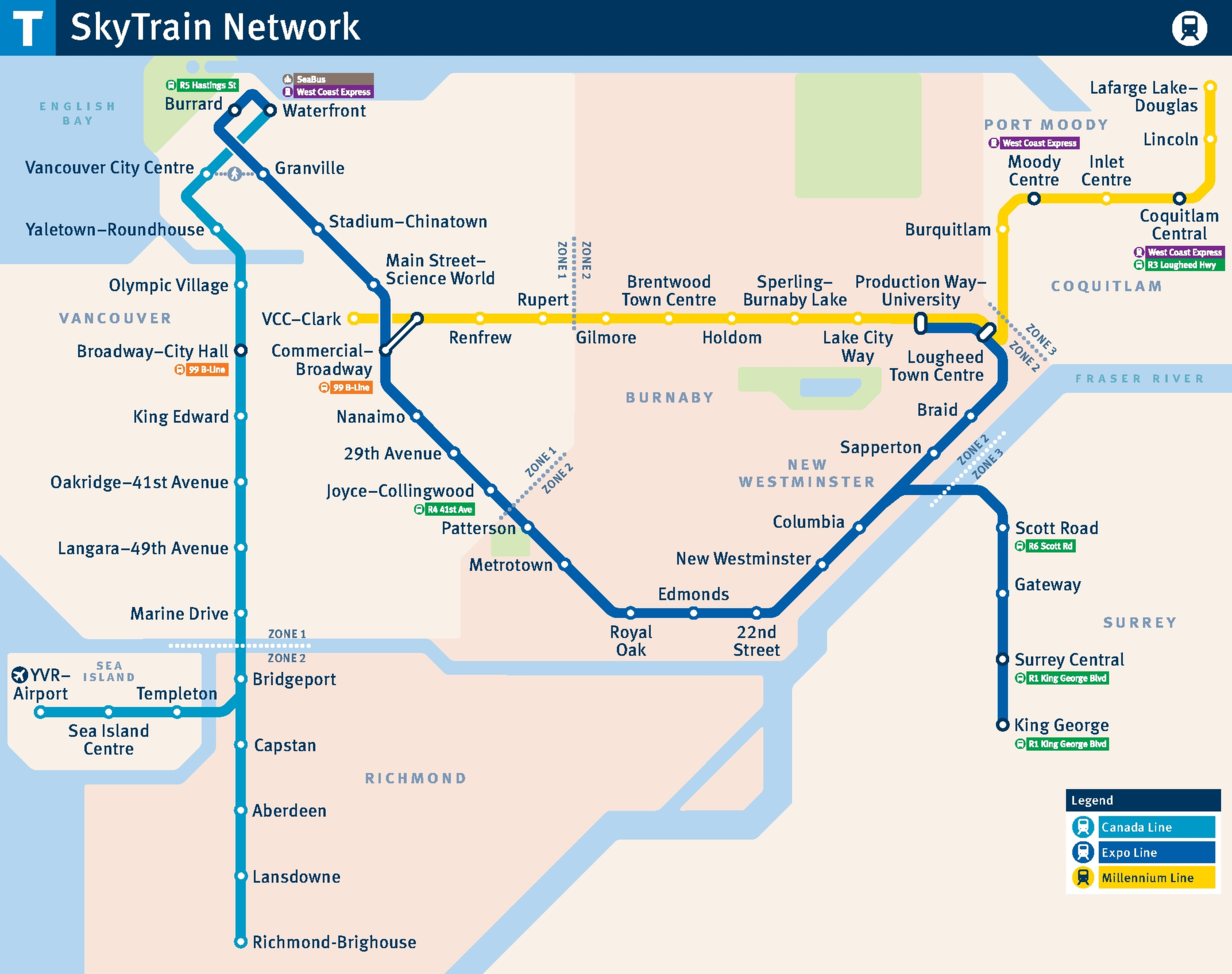 Vancouver Metro Map 2026 showing the complete SkyTrain network. The map displays all lines and stations, with transfer points between routes.