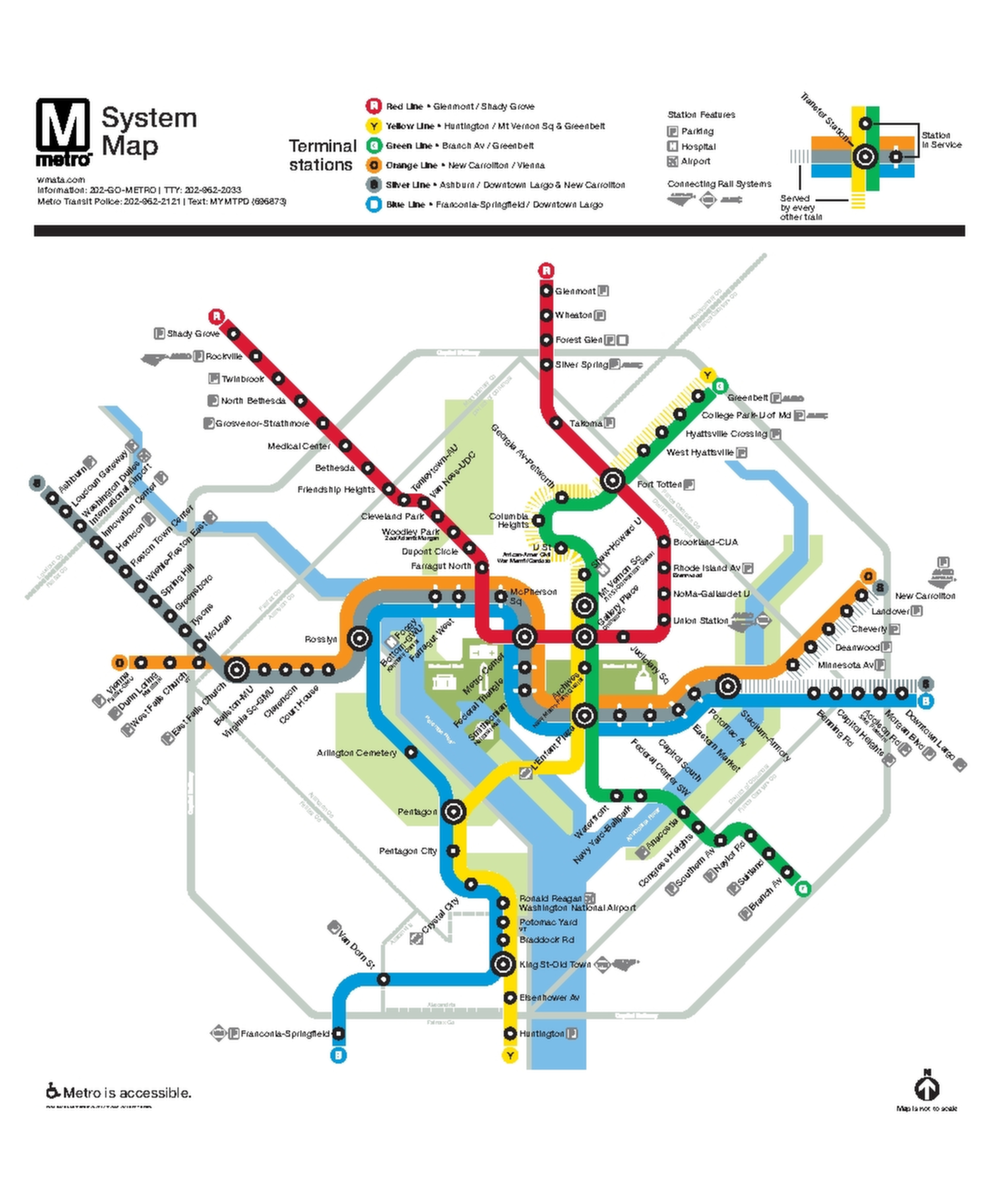 Washington DC metro map 2026 showing the complete WMATA metro network. All lines and stations are displayed, including interchange points between metro lines.