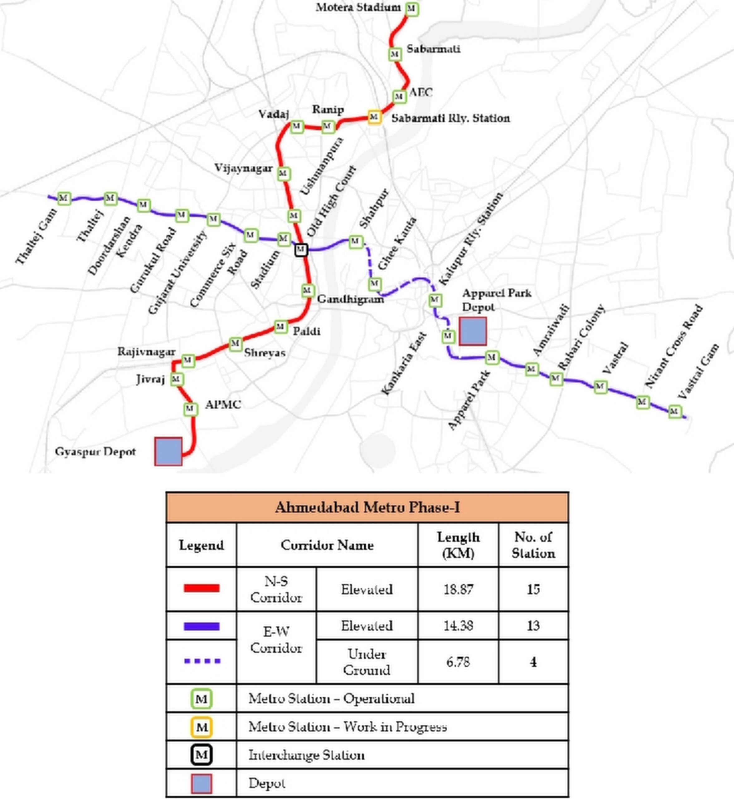 Vollständiger Metro-Plan für Ahmedabad 2026 mit den Linien und Stationen des Netzes. Die Karte zeigt die Streckenverläufe und die Anordnung der Haltestellen im Überblick.