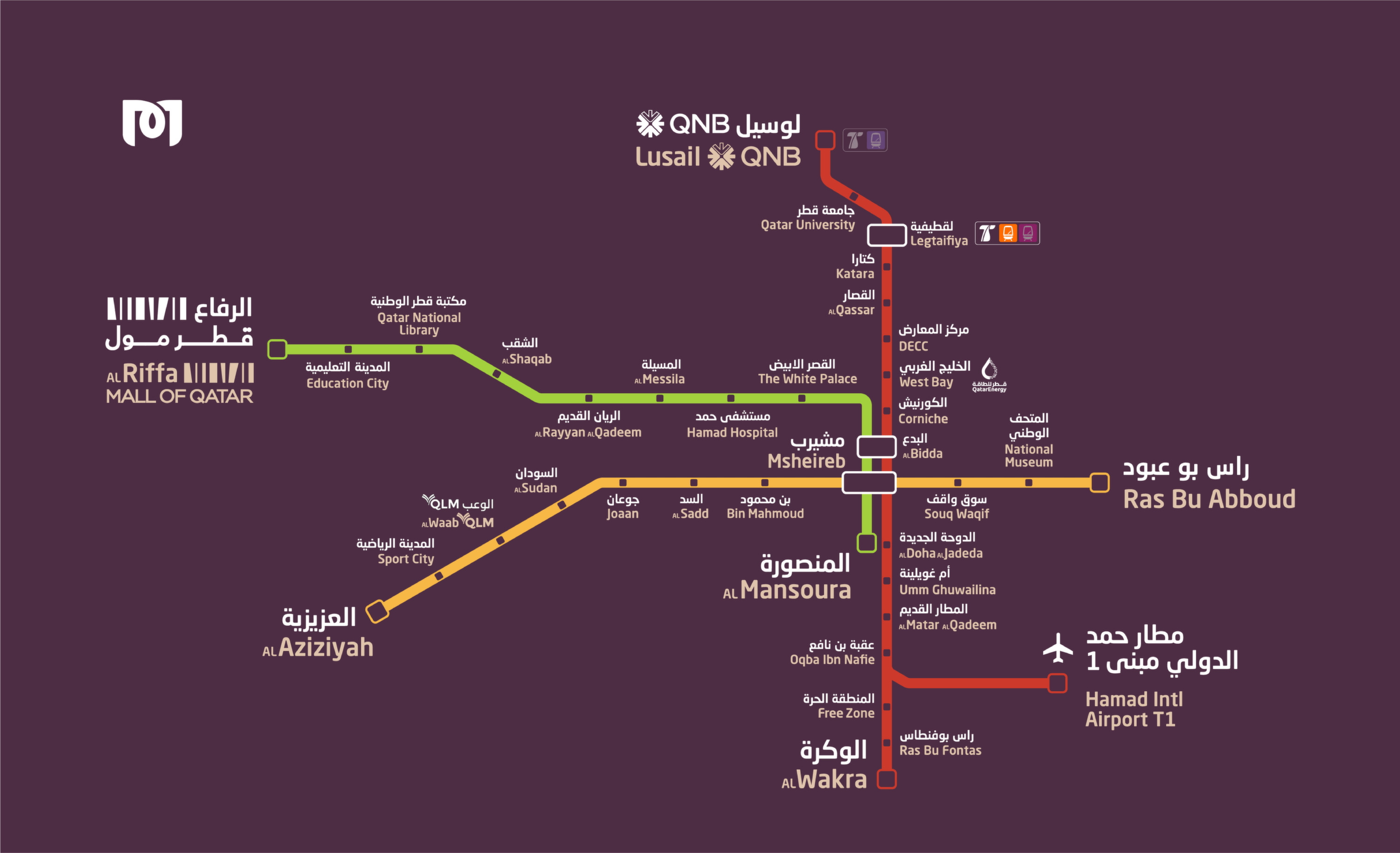 Die Doha Metro Map 2026 zeigt den vollständigen Netzplan der Metro in Doha. Die Übersicht stellt Linien, Stationen und Umsteigepunkte im Metronetz dar.