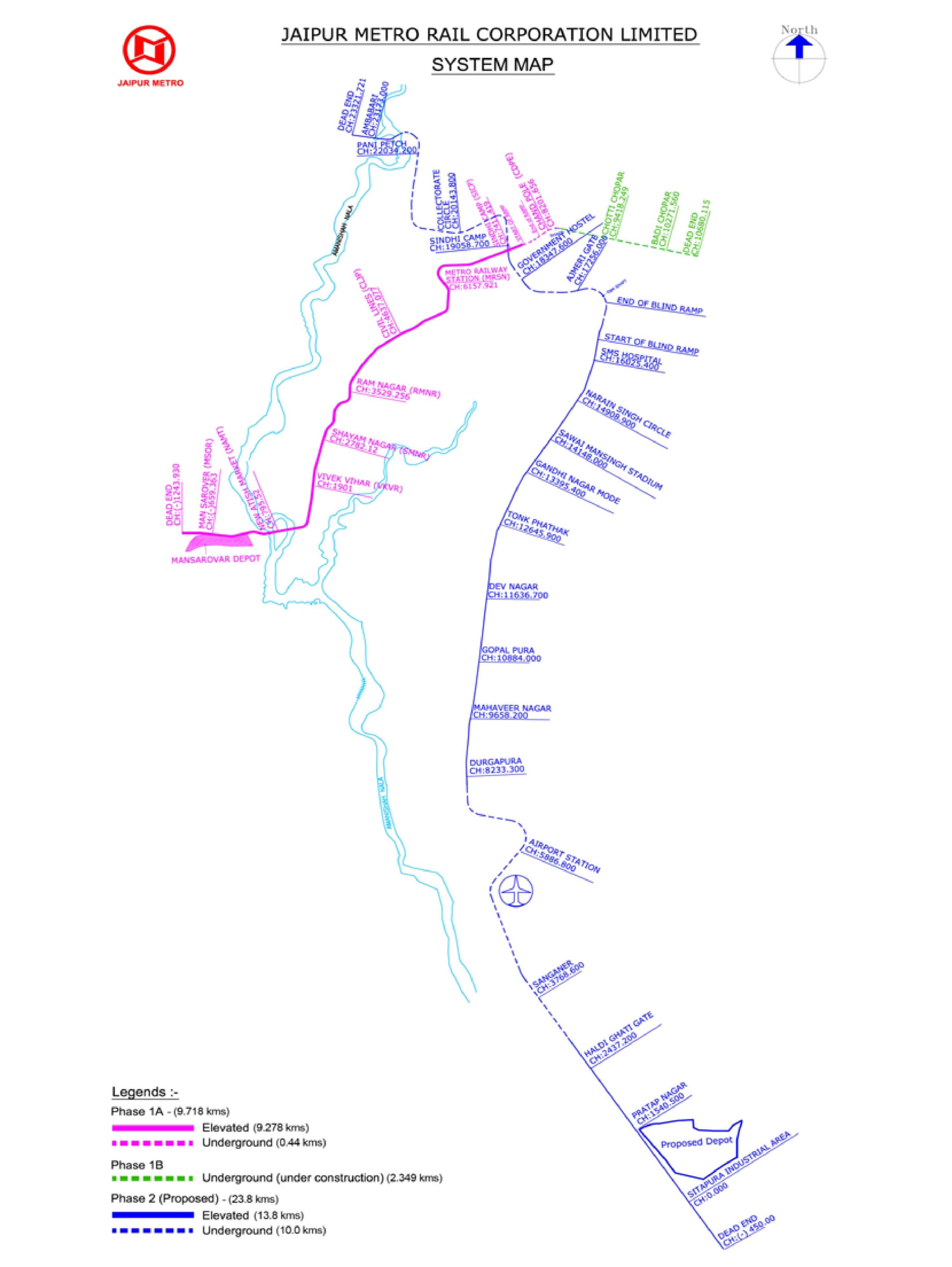 Official Jaipur Metro map showing the route and its stations. The map provides an overview of the depicted Metro network and the sequence of stops.