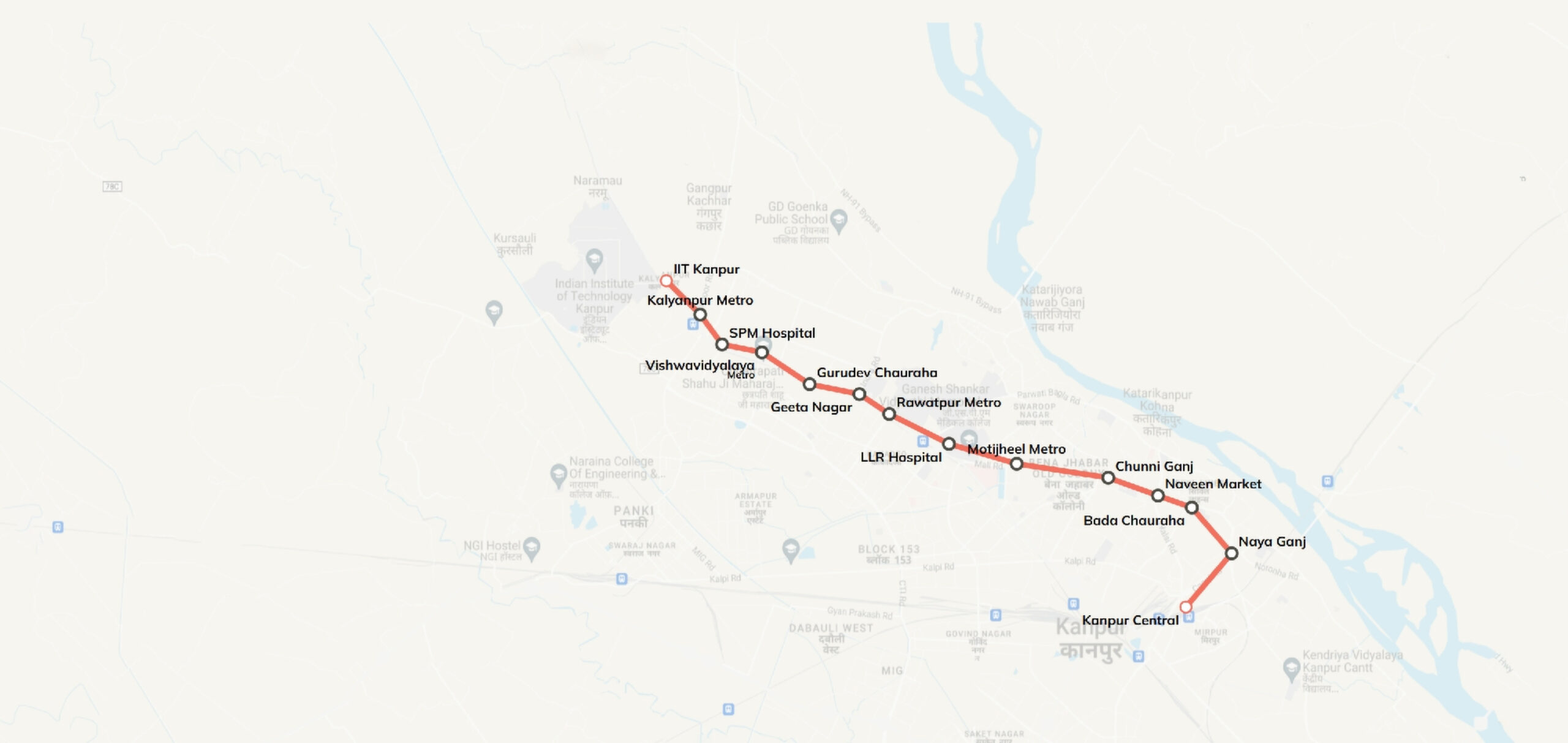 Die Kanpur Metro Map 2026 zeigt den vollständigen Netzplan der Metro in Kanpur. Die Karte stellt die Strecken und Stationen dar und macht die Reihenfolge der Haltestellen nachvollziehbar.