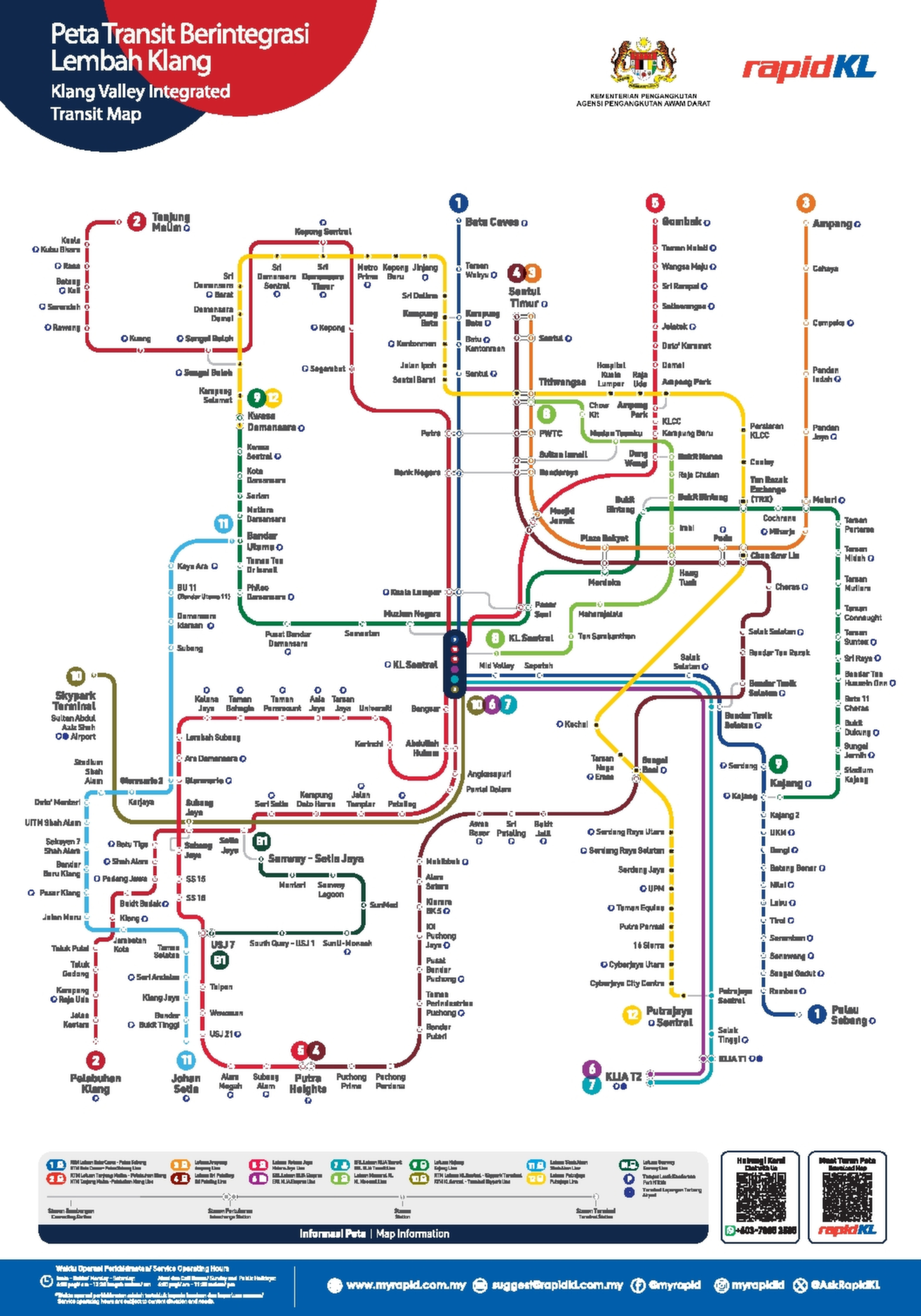 Complete Kuala Lumpur Metro Map 2026 showing the Rapid KL MRT and LRT network. The map displays lines, stations and interchange points for an overview of connections across Kuala Lumpur.