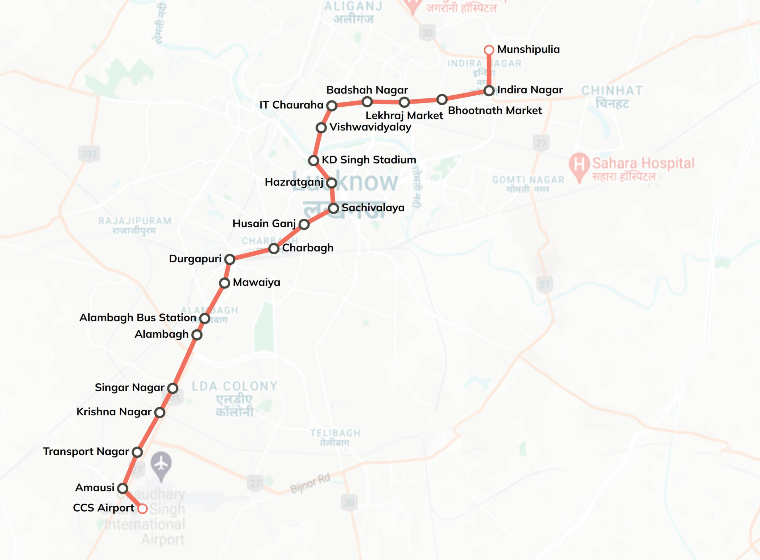 Vollständiger Lucknow Metro-Plan 2026 mit Streckenverlauf und Stationen. Die Karte zeigt das Metronetz in Lucknow in einer zusammenhängenden Übersicht.