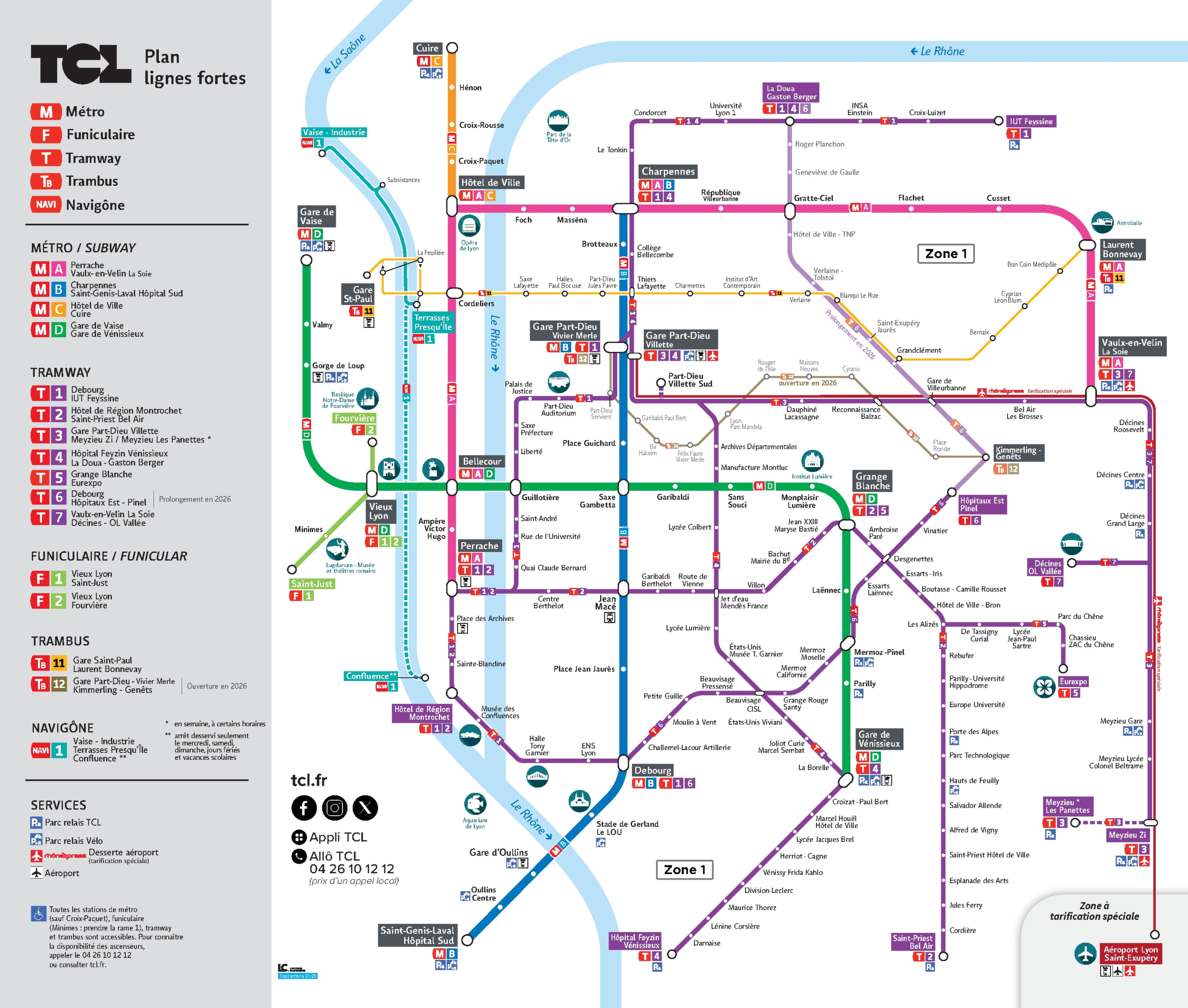 Lyon Metro Map 2026 showing the complete metro network. Lines, stations and transfer points illustrate how the network connects.