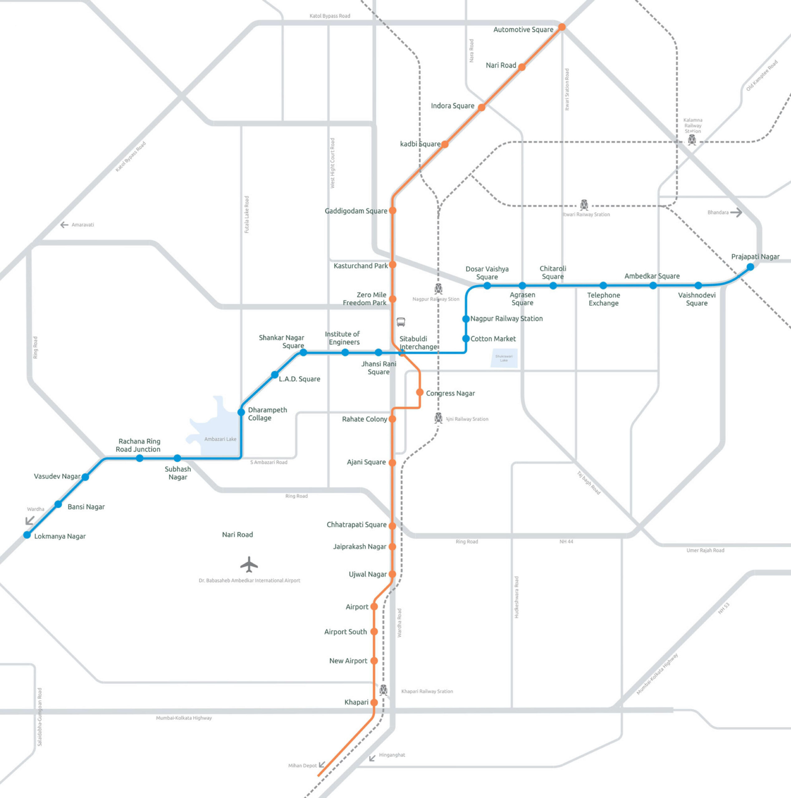 Vollständiger Netzplan der Nagpur Metro 2026 mit den Linien und Stationen. Die Karte bietet einen Überblick über die Streckenverläufe und die Anordnung der Haltestellen im Netz.