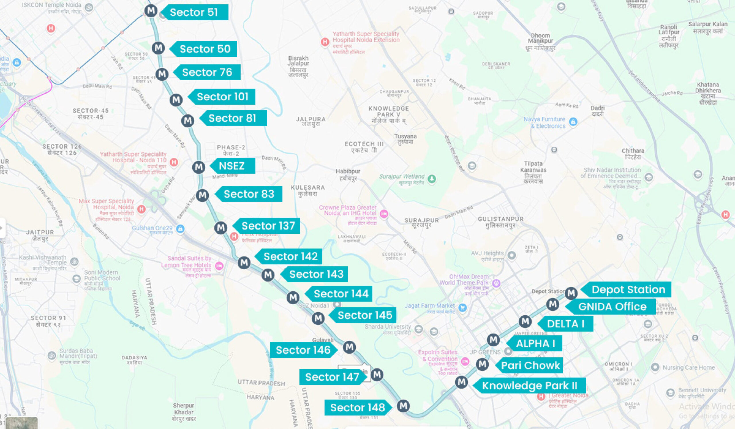 Vollständiger Netzplan der Noida Metro 2026 mit Streckenverlauf und Stationen. Die Karte zeigt die Abfolge der Haltestellen und bietet einen Überblick über das Metro-Netz.
