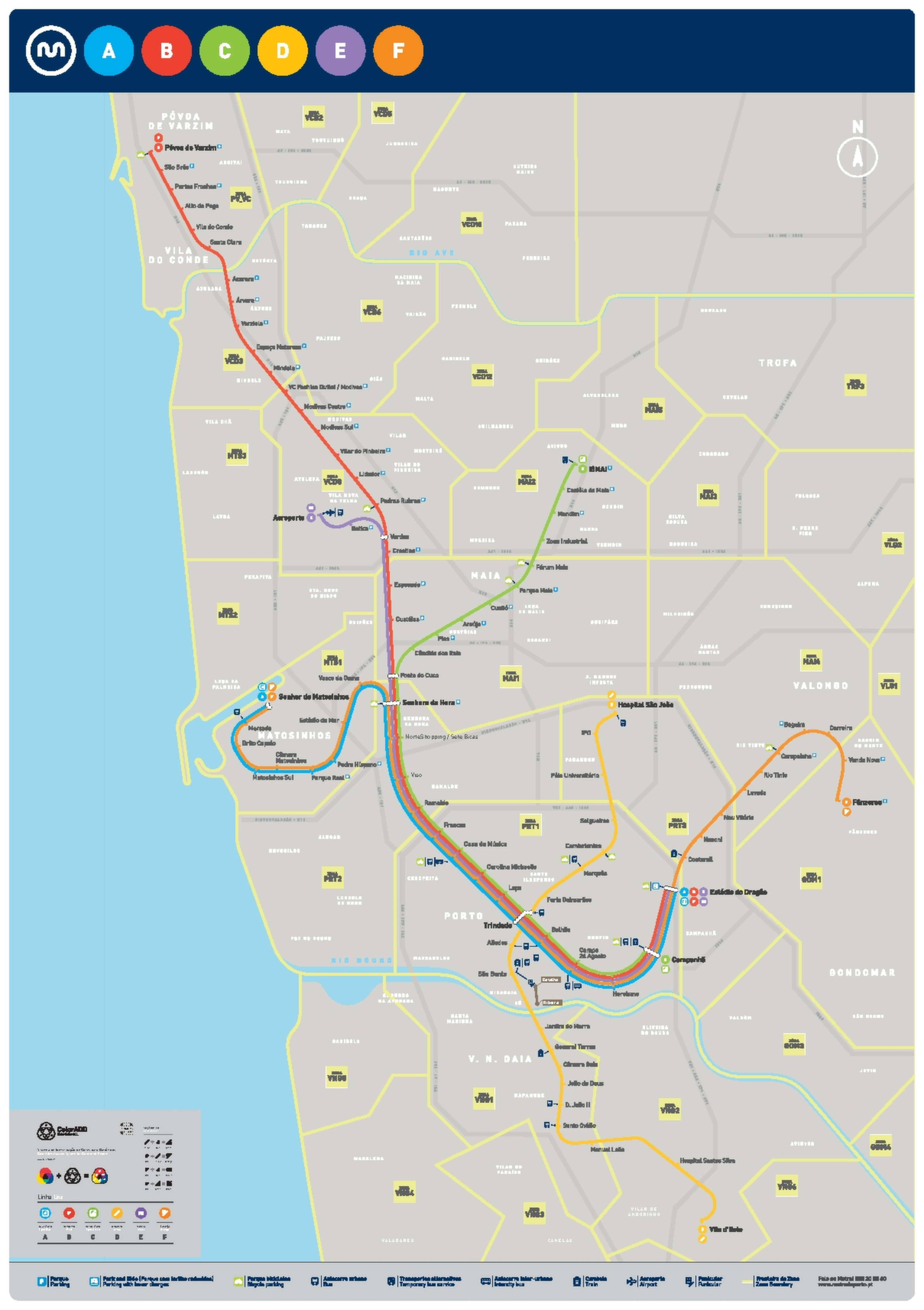 Vollständiger Metroplan Porto 2026 mit allen Linien und Stationen der Metro do Porto. Der Netzplan zeigt die Streckenverläufe und Umsteigepunkte zwischen den Linien.