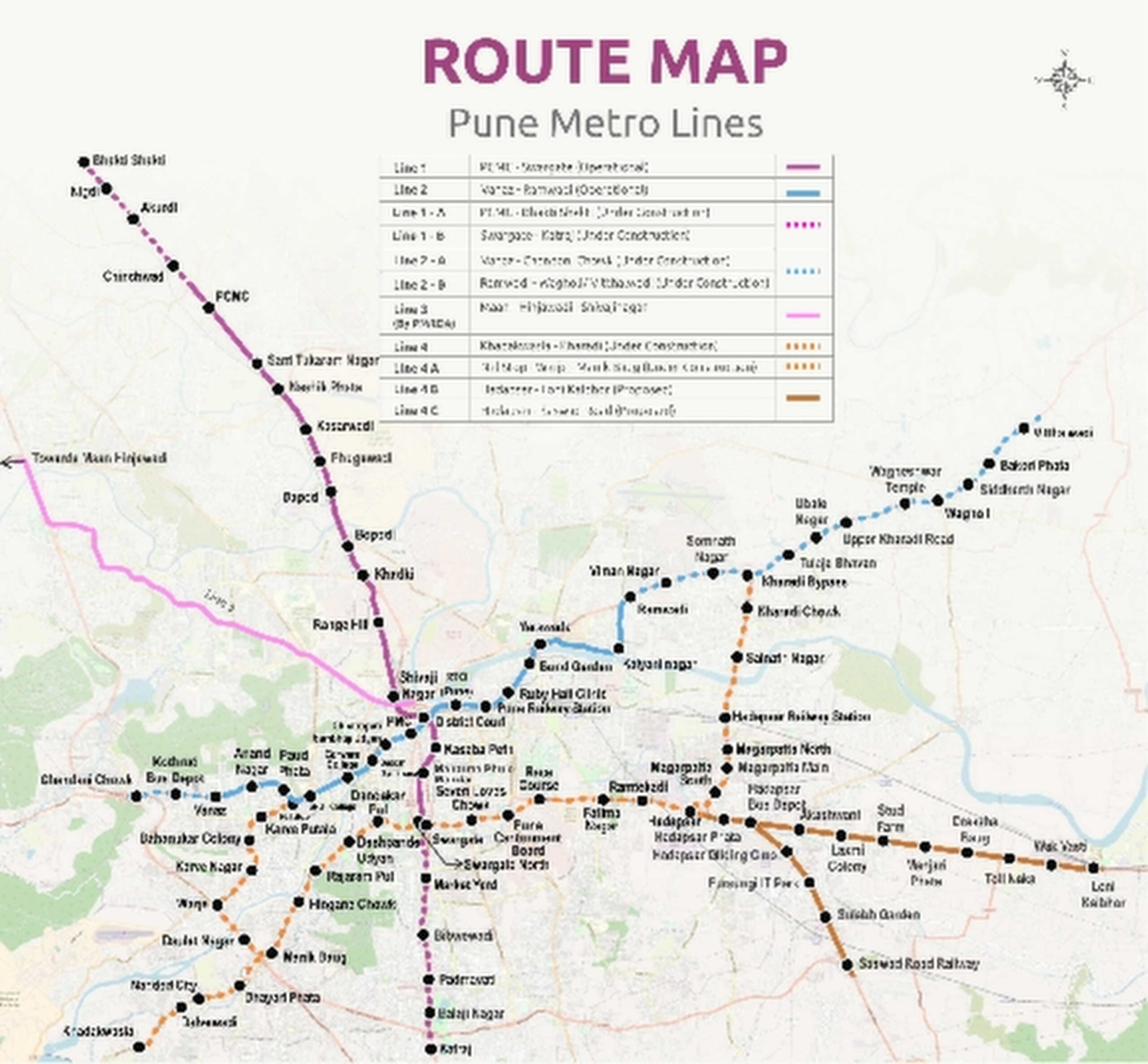 Vollständiger Netzplan der Pune Metro 2026 mit den Linien und Stationen im Überblick. Die Metro-Karte zeigt die Streckenverläufe und die Lage der Haltestellen innerhalb des Netzes.