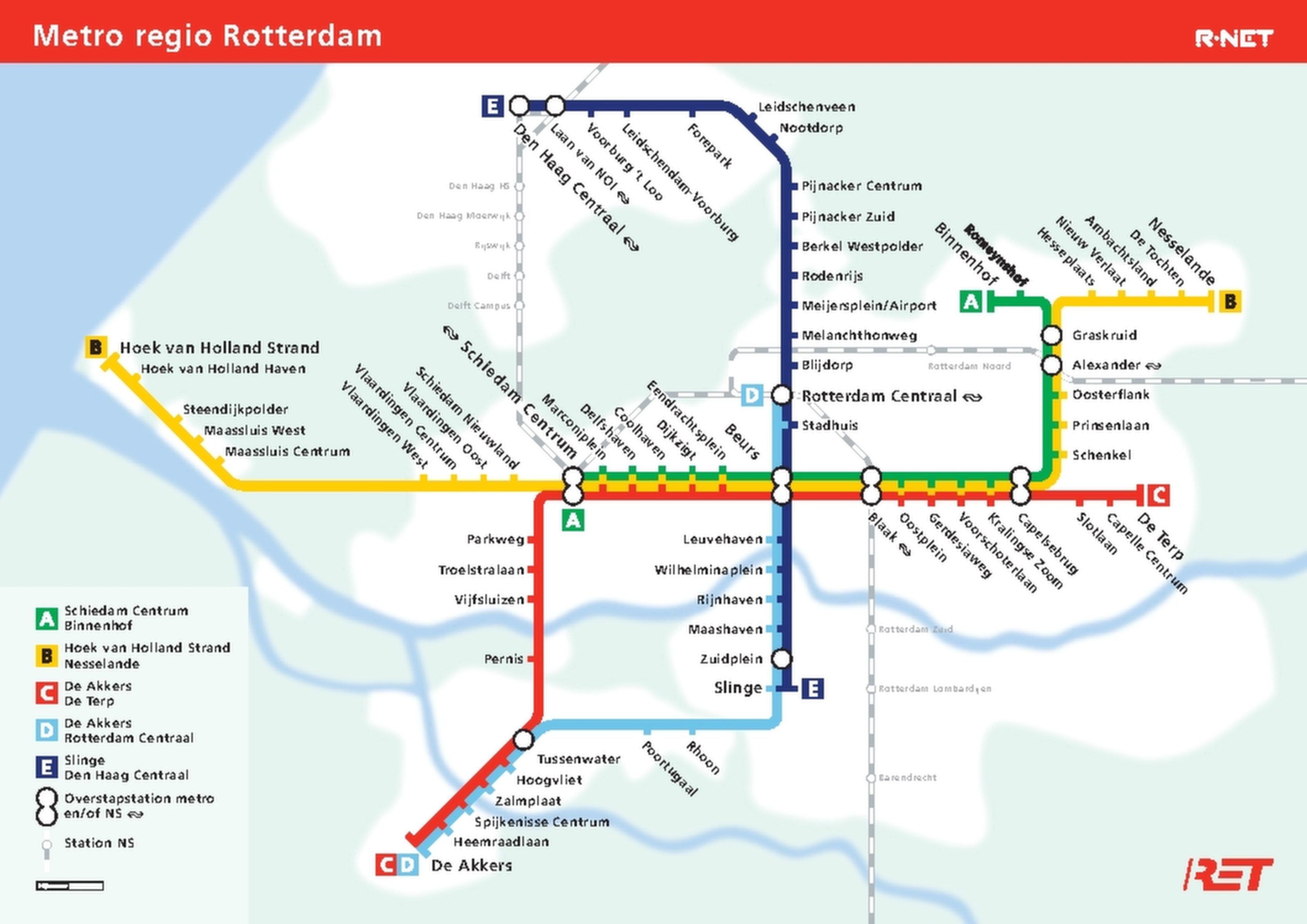 Rotterdam Metro Map 2026 showing the complete metro network. The map displays lines, stations and transfer points for orientation across the network.