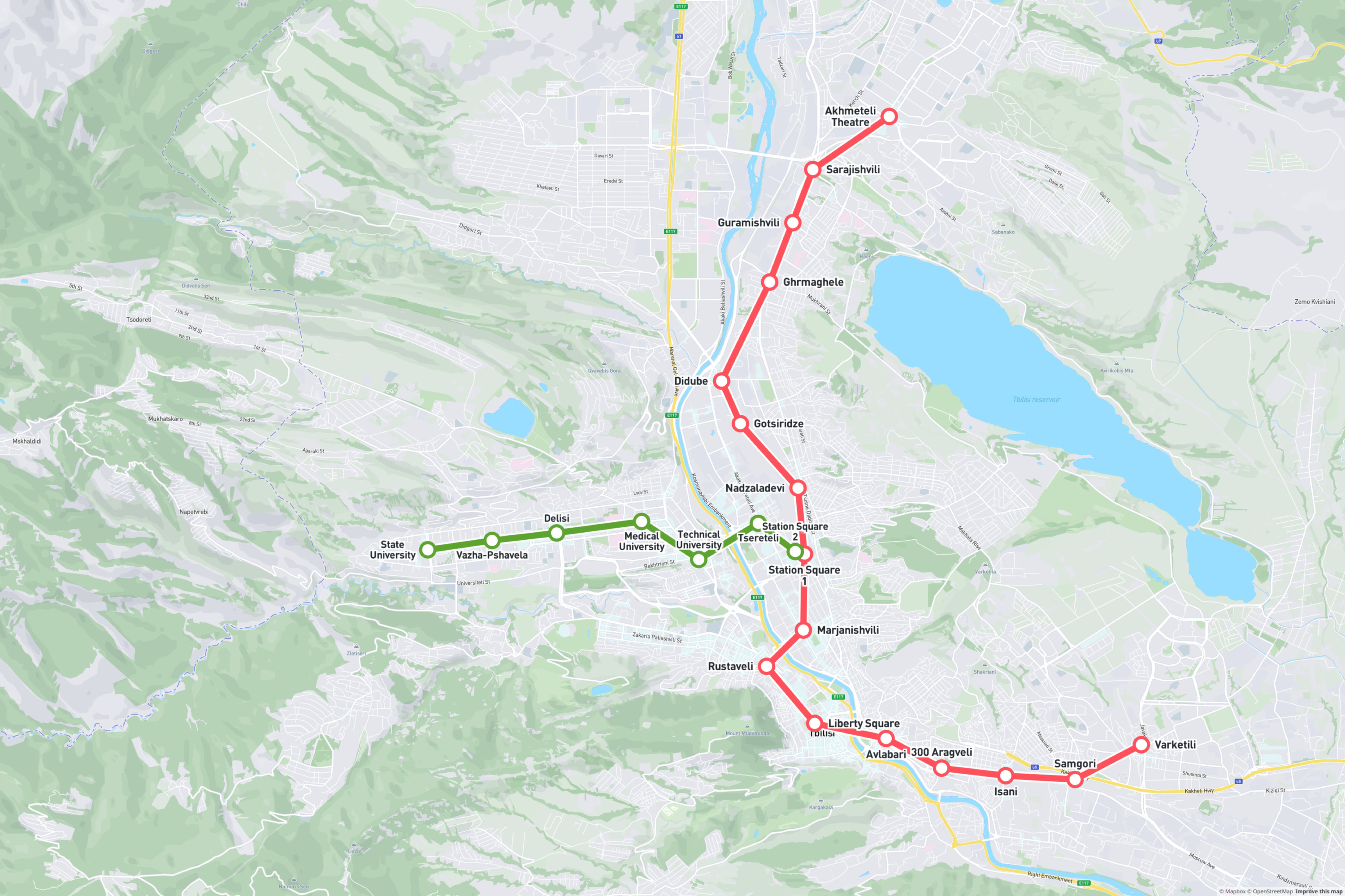 Tbilisi Metro Map 2026 showing the complete metro network. The map displays lines, stations and connections between routes for orientation.