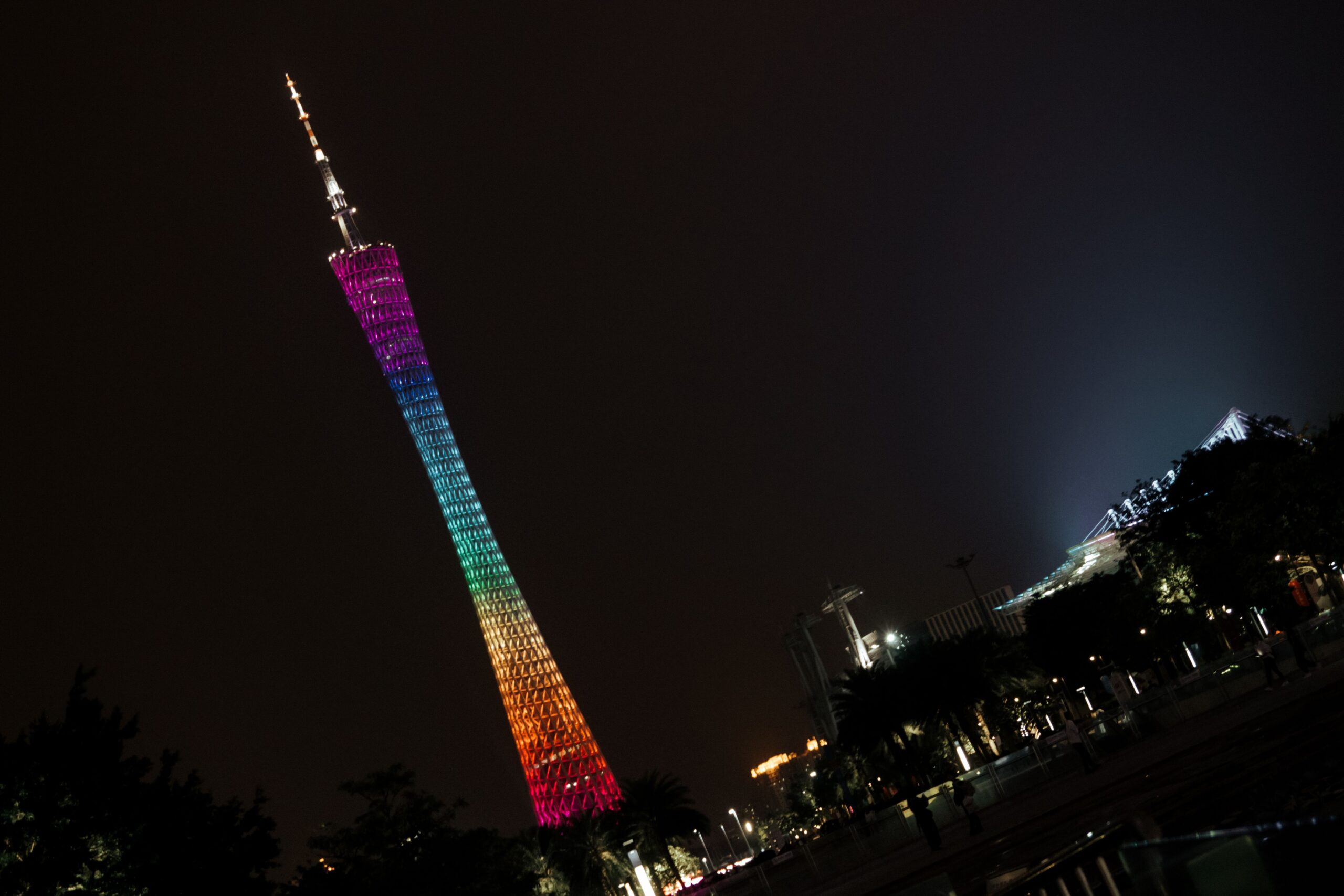 The illuminated Canton Tower is a major visitor landmark served by public transport in Guangzhou.