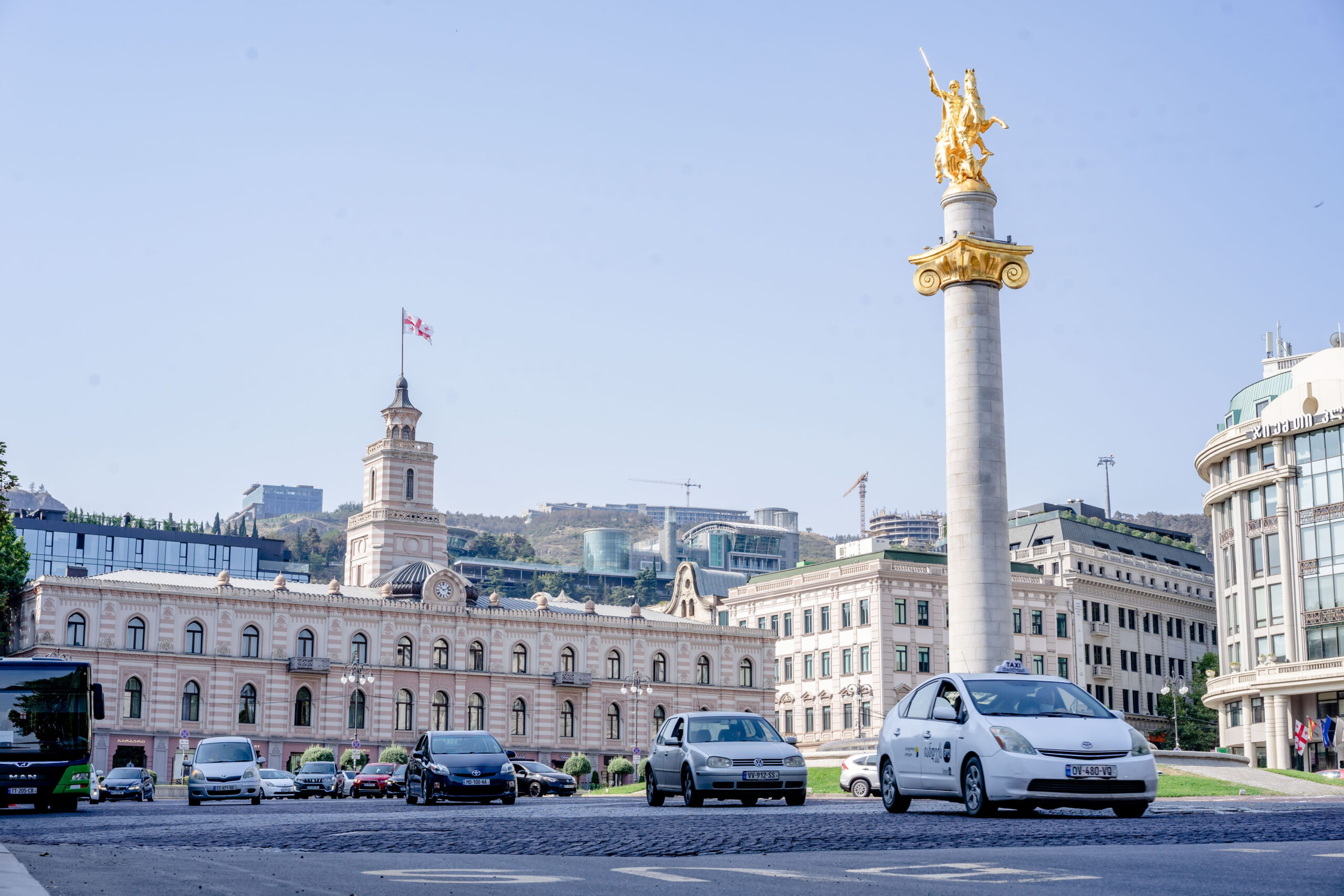 Liberty Square in central Tbilisi is shown with the Saint George monument and surrounding buildings.