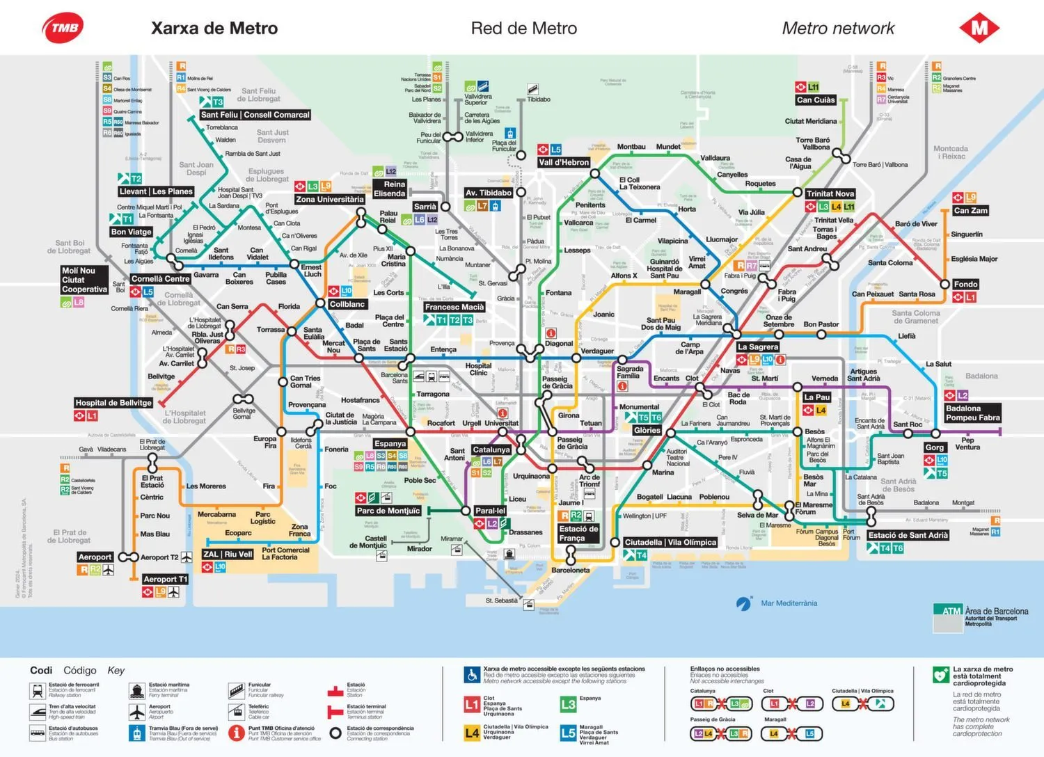 Die Barcelona Metro Map zeigt den kompletten Metro-Netzplan mit Linien, Stationen und Umsteigepunkten. Die erste Seite des zoombaren Plans bietet einen Überblick über das Metronetz von Barcelona.