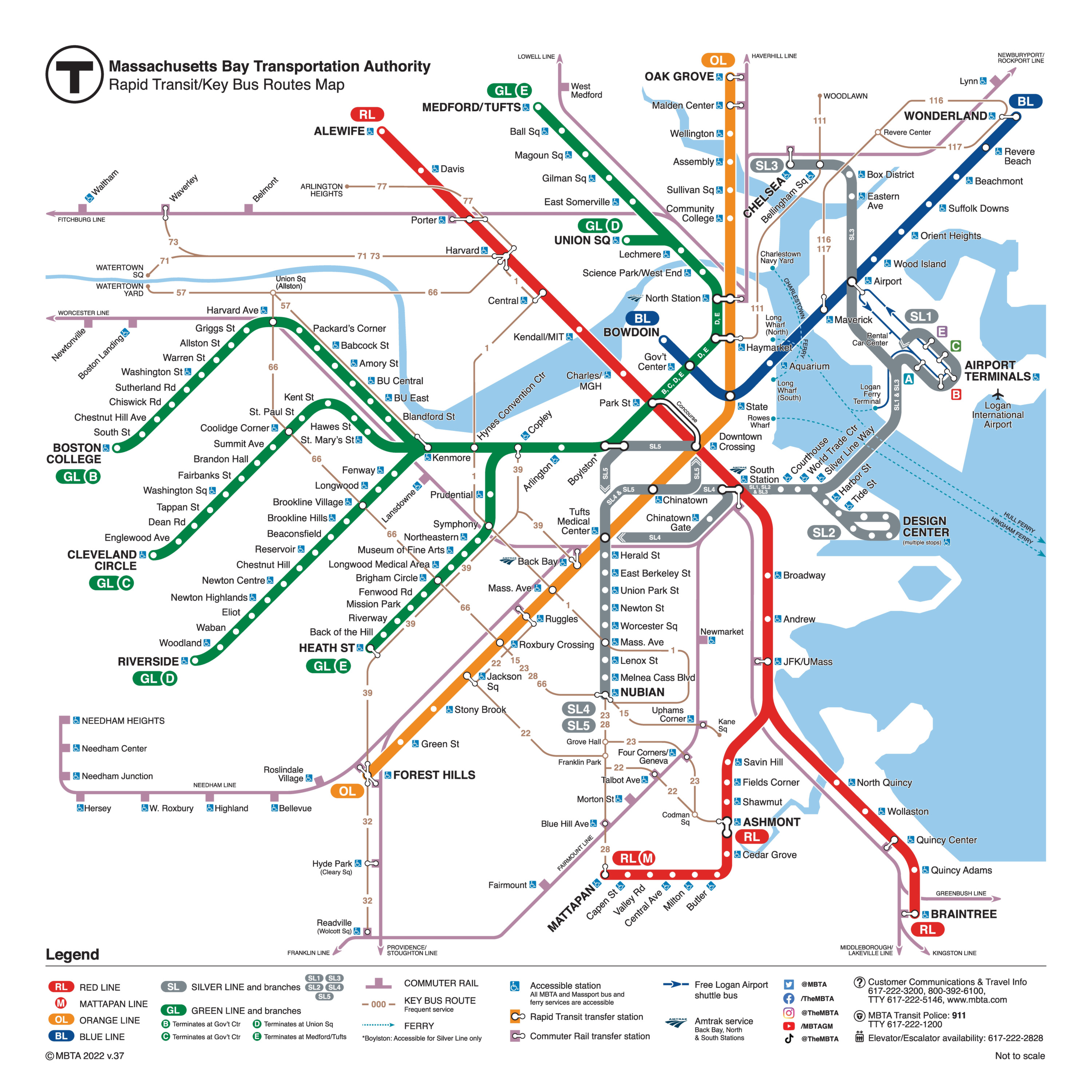 Erste Seite der Boston Metro Map mit dem vollständigen Metro-Netzplan von Boston. Die Karte stellt die Linien, Stationen und Umsteigepunkte im Netz dar.