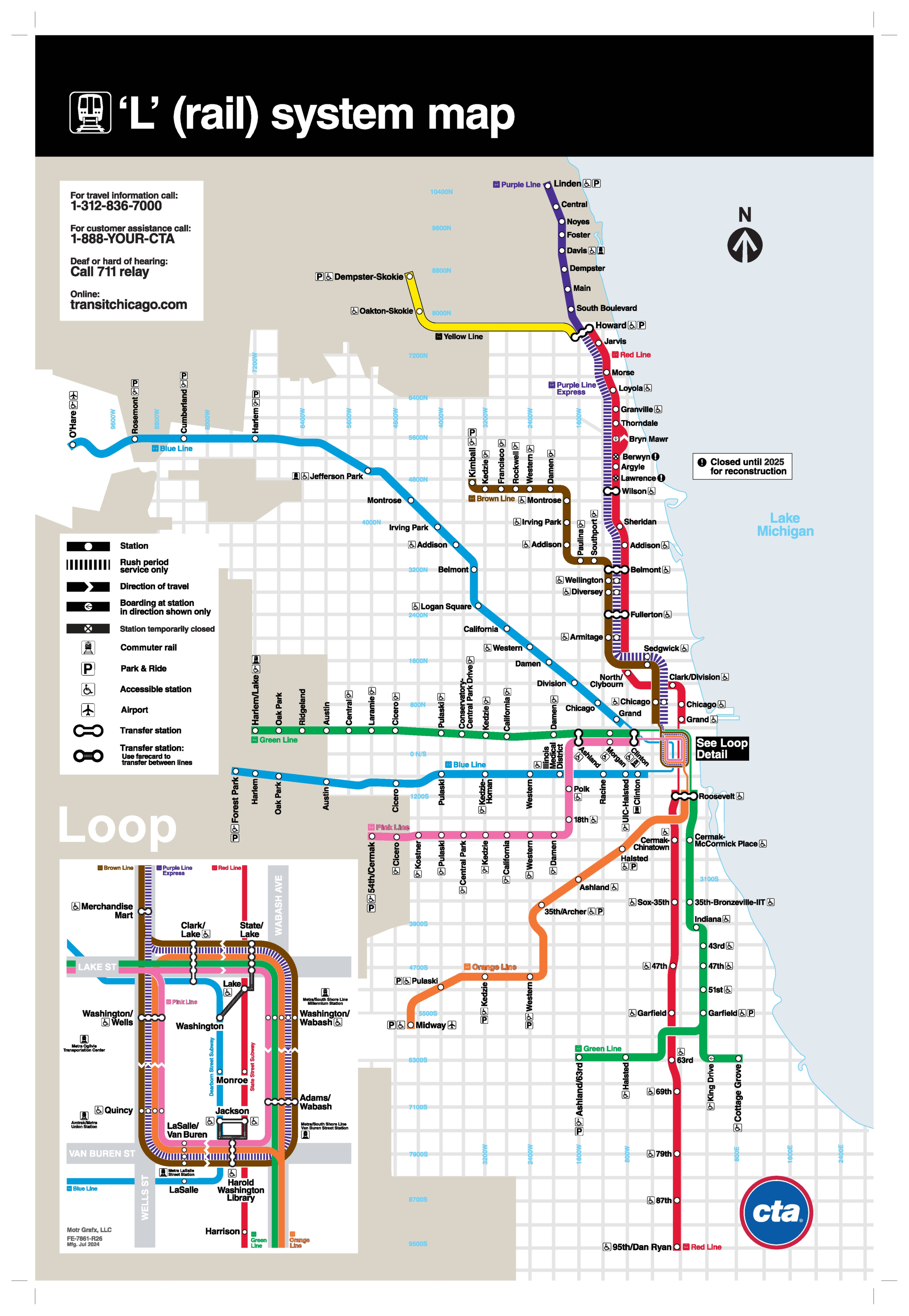 The Chicago Metro Map shows the complete subway network with its lines, stations and interchange points. This is the first page of the zoomable network map for Chicago.