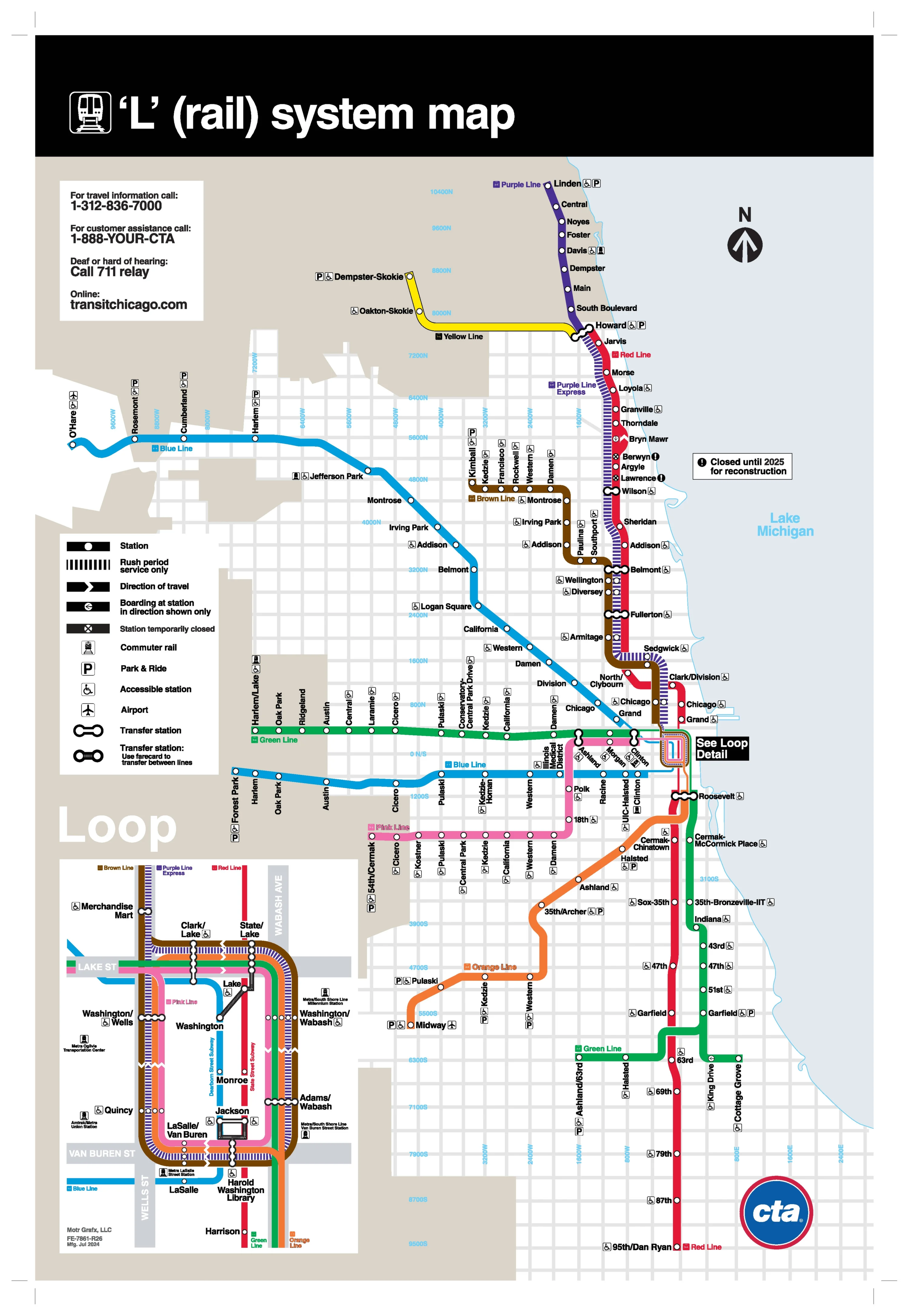 Die Chicago Metro Map zeigt den kompletten Netzplan mit Linien und Stationen. Umsteigepunkte verdeutlichen die Verbindungen zwischen den Linien auf der ersten Seite des zoombaren Plans.