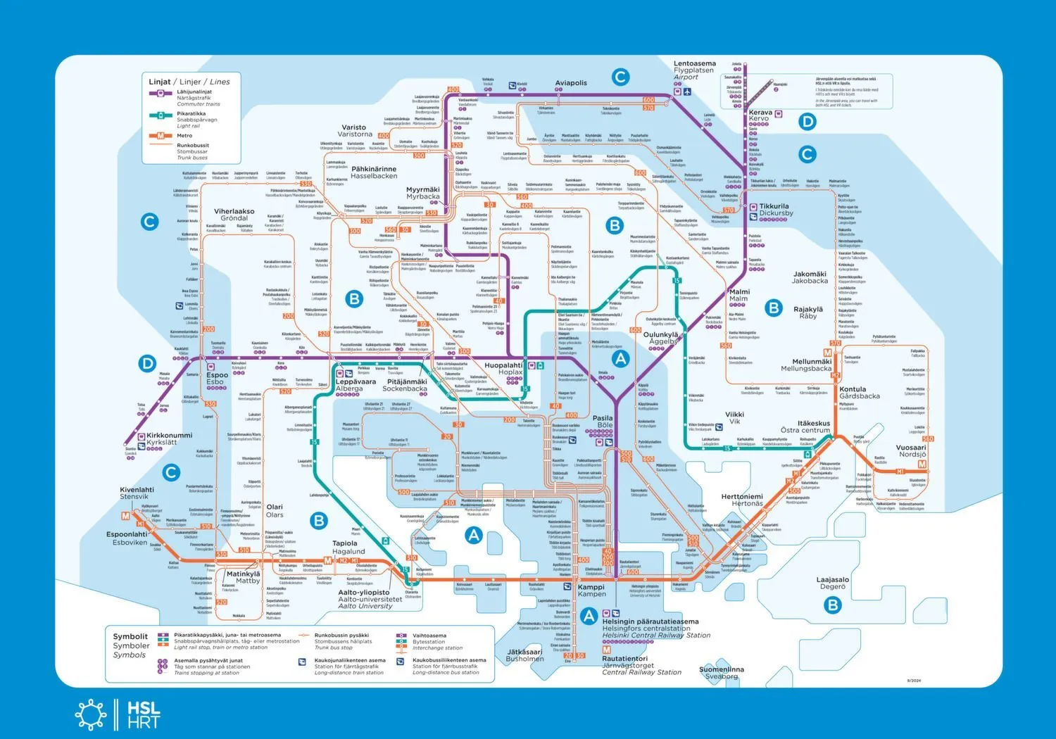 Erste Seite der Helsinki Metro Map mit dem vollständigen Metro-Netzplan von Helsinki. Die Karte zeigt die Linien und Stationen sowie Umsteigepunkte zur Orientierung im Netz.