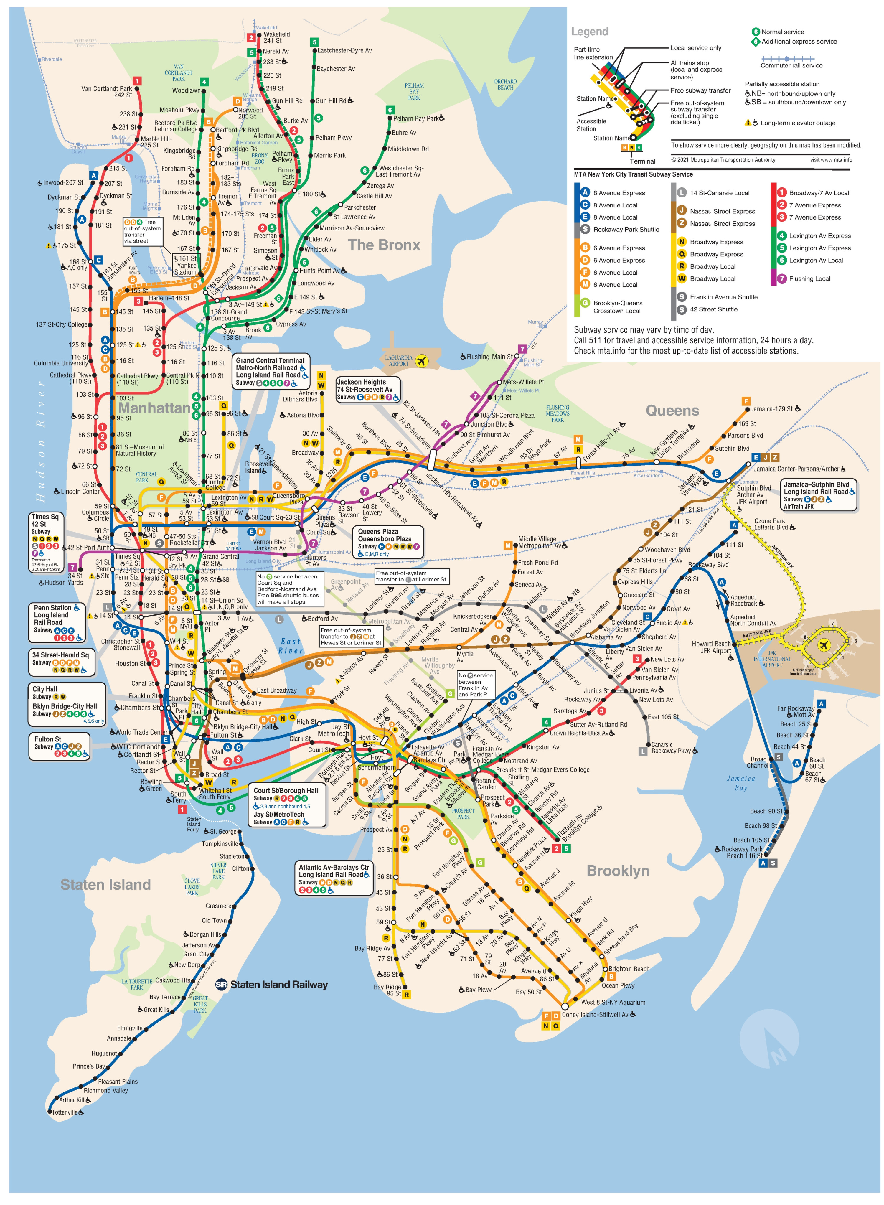 First page of the complete New York Subway Map for the MTA network. The map shows subway lines, stations and transfer points for an overview of the network.