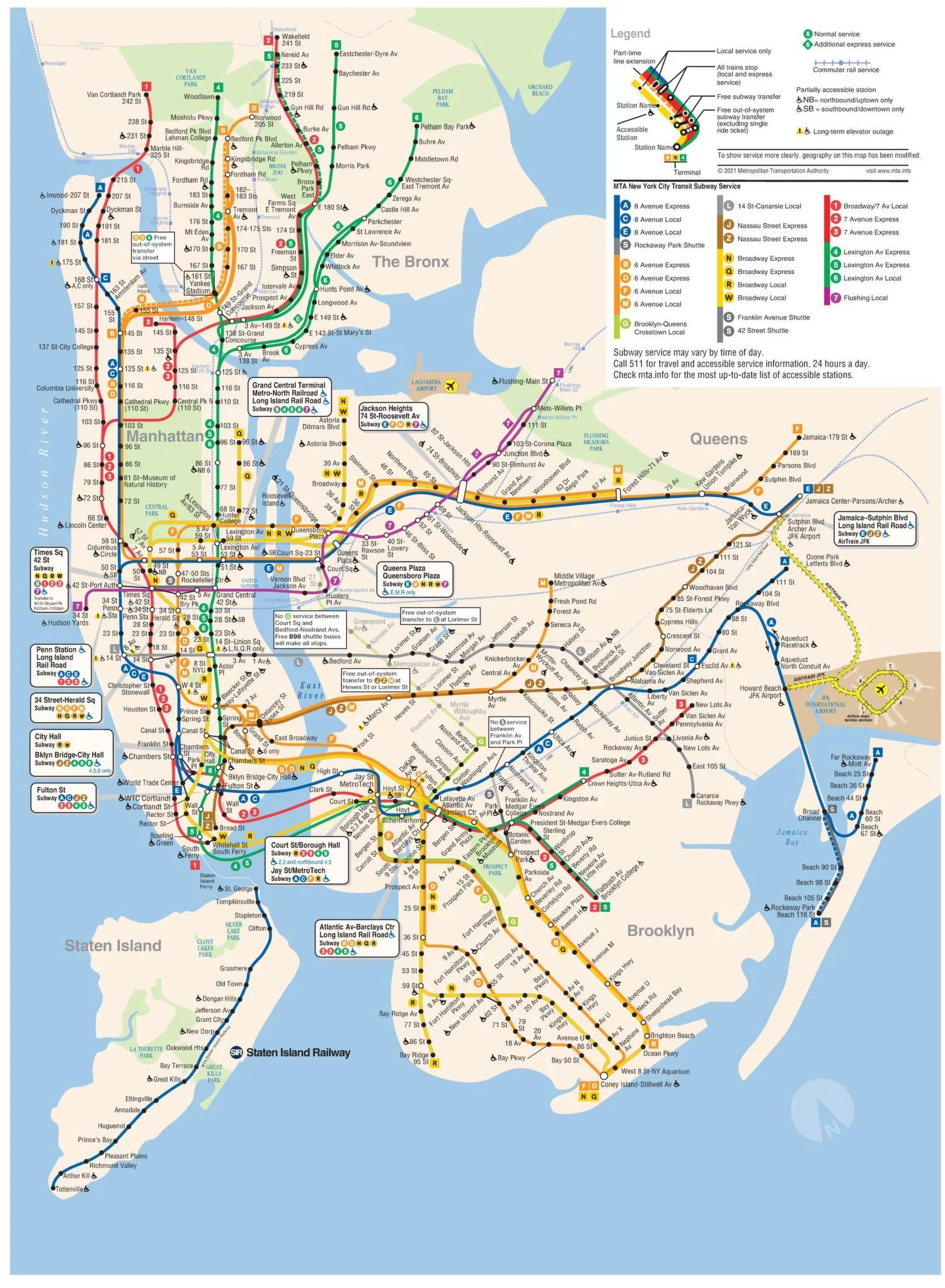 First page of the complete New York Subway Map for the MTA network. The map shows subway lines, stations and transfer points for an overview of the network.