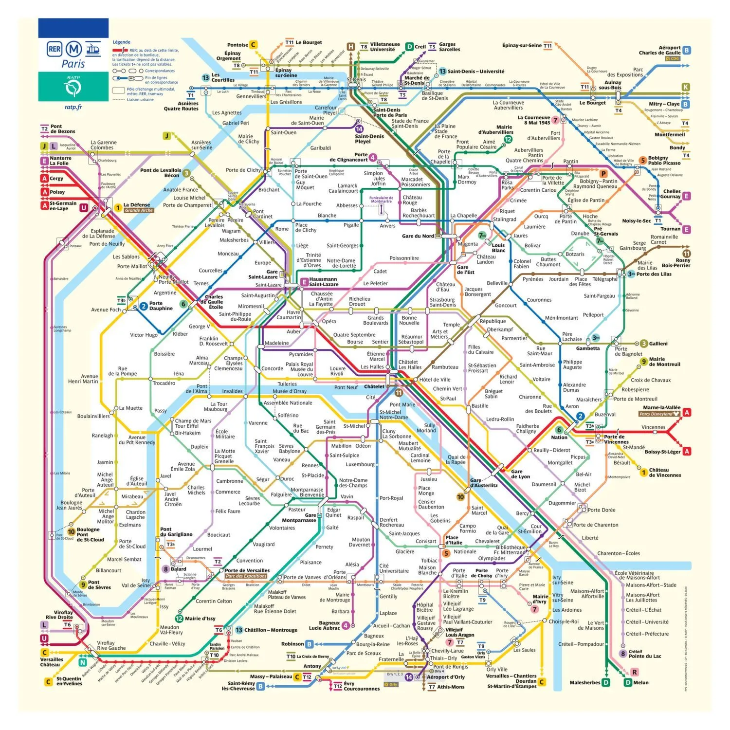 First page of the complete Paris Metro Map. The map presents metro lines, stations and interchange points for an overview of connections across the network.