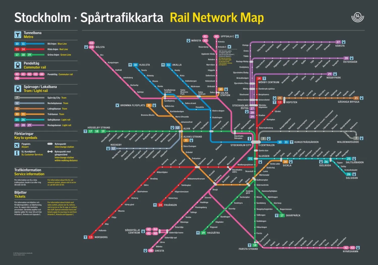 Erste Seite der Stockholm Metro Map mit dem vollständigen Metro-Netzplan von Stockholm. Die Übersicht zeigt Linienverläufe, Stationen und Umsteigepunkte im Netz.