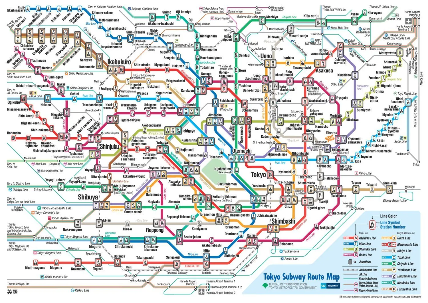 The Tokyo Metro Map shows the complete subway network across both systems, including lines and stations. Interchange points on the zoomable map indicate connections between lines.