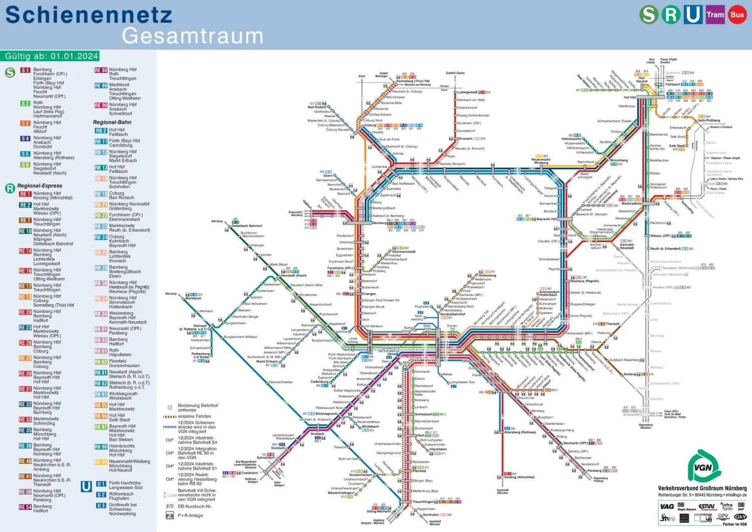 Nuremberg metro map 2024 showing the complete metro network with all lines and stations. Interchange stations show where to change between metro lines.