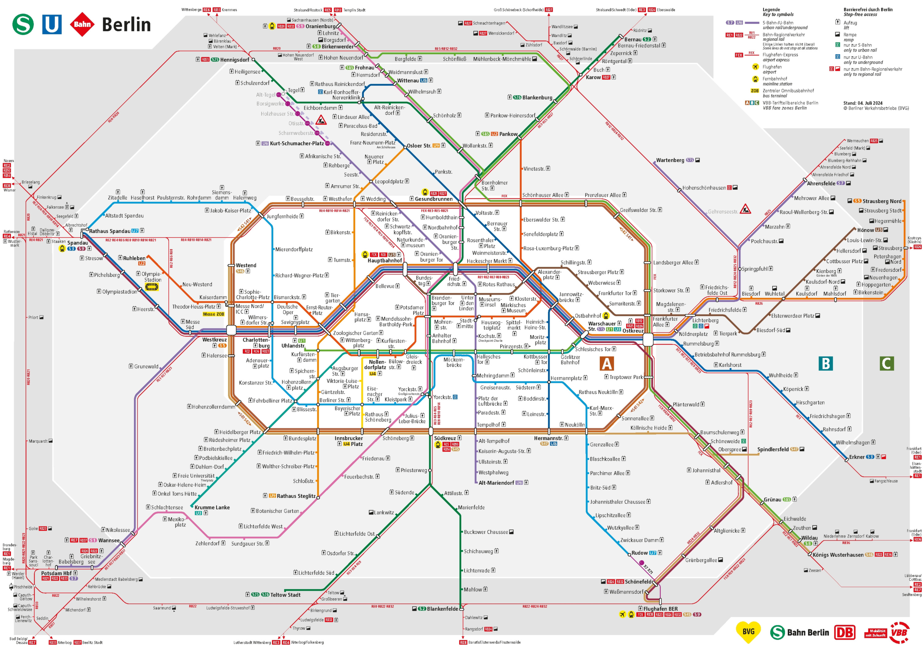 Erste Seite des vollständigen U-Bahn-Netzplans von Berlin. Der U-Bahn-Plan Berlin zeigt die Linien und Stationen sowie die Umsteigepunkte zwischen den Linien.